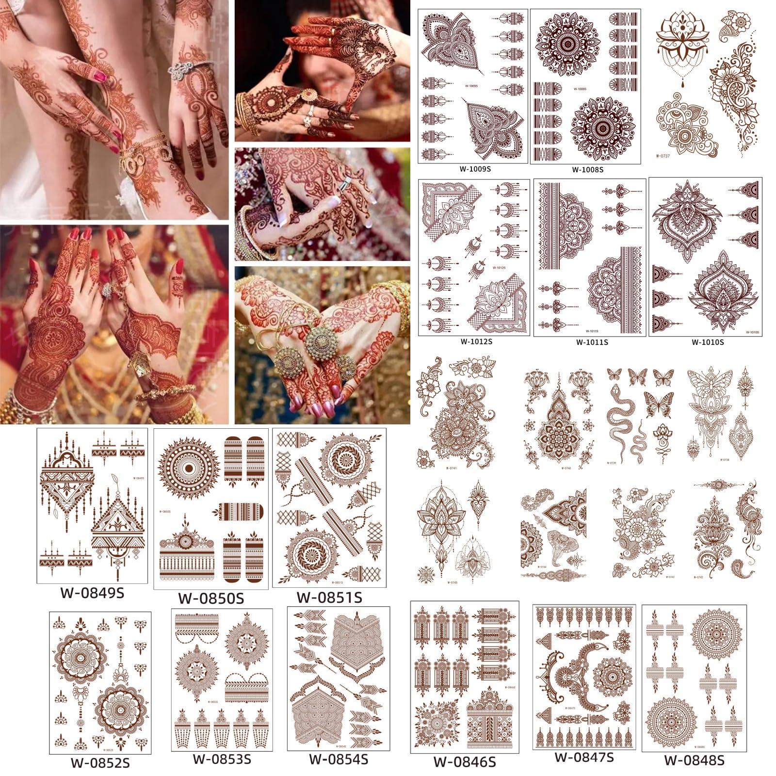 Anomocia 23 Pcs Brown Henna Tattoo Kit Waterproof Temporary Fake Tattoo Stickers for Women Girls DIY on Body Face Arms Legs