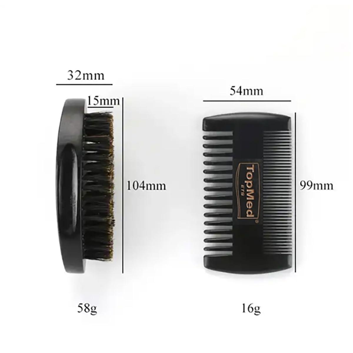 TOPMED ETS Portable Black Soft Bristle Hair Beard Brush and Comb Set
