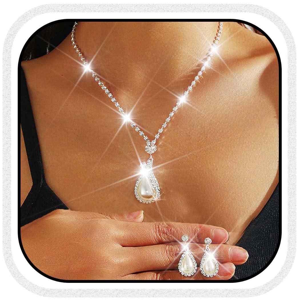 Yean Yean Bride Silver Necklace Earrings Set Crystal Bridal Wedding Jewelry Sets Rhinestone Choker Necklace for Women (Set 2)