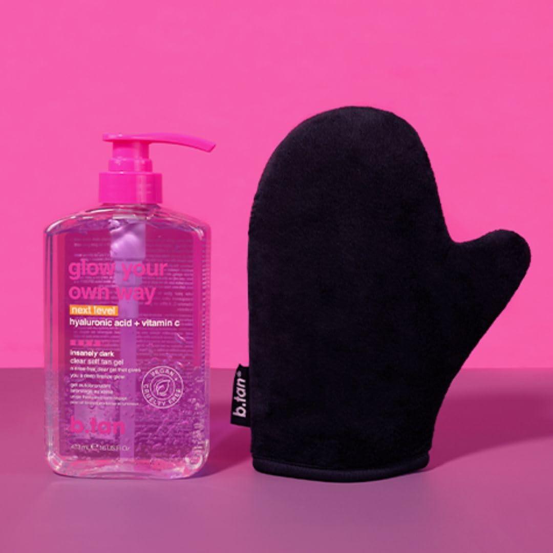 B.TAN b.tan Insanely Dark Clear Self Tanning Gel with Mitt Kit | Glow Your Own Way Next Level Bundle - Quick Express Tanner for Face and Body with Applicator, Transfer-Proof, No Fake Tan Smell, 16 Fl Oz