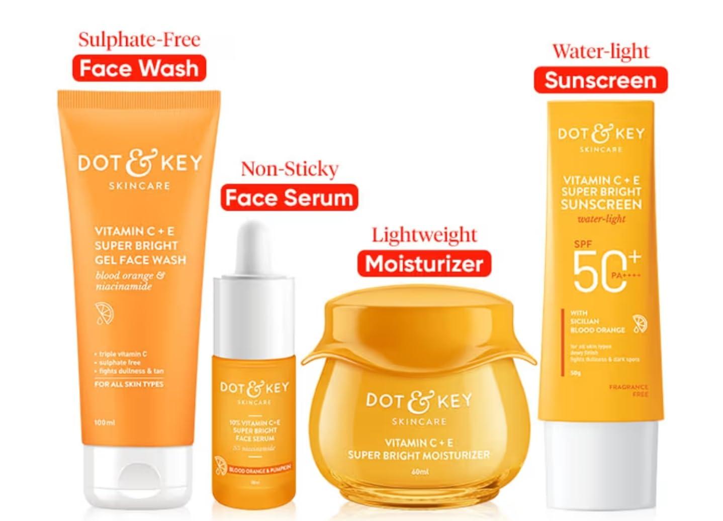 RS.H Global Dot'&'Key Vitamin C + E Complete Skin Care Combo kit | Face Wash (100ml), Face Serum (30ml), Moisturizer (60ml), Sunscreen (50g) | Vitamin C Daily Glow Booster Combo for All Skin Types (Pack of 4)