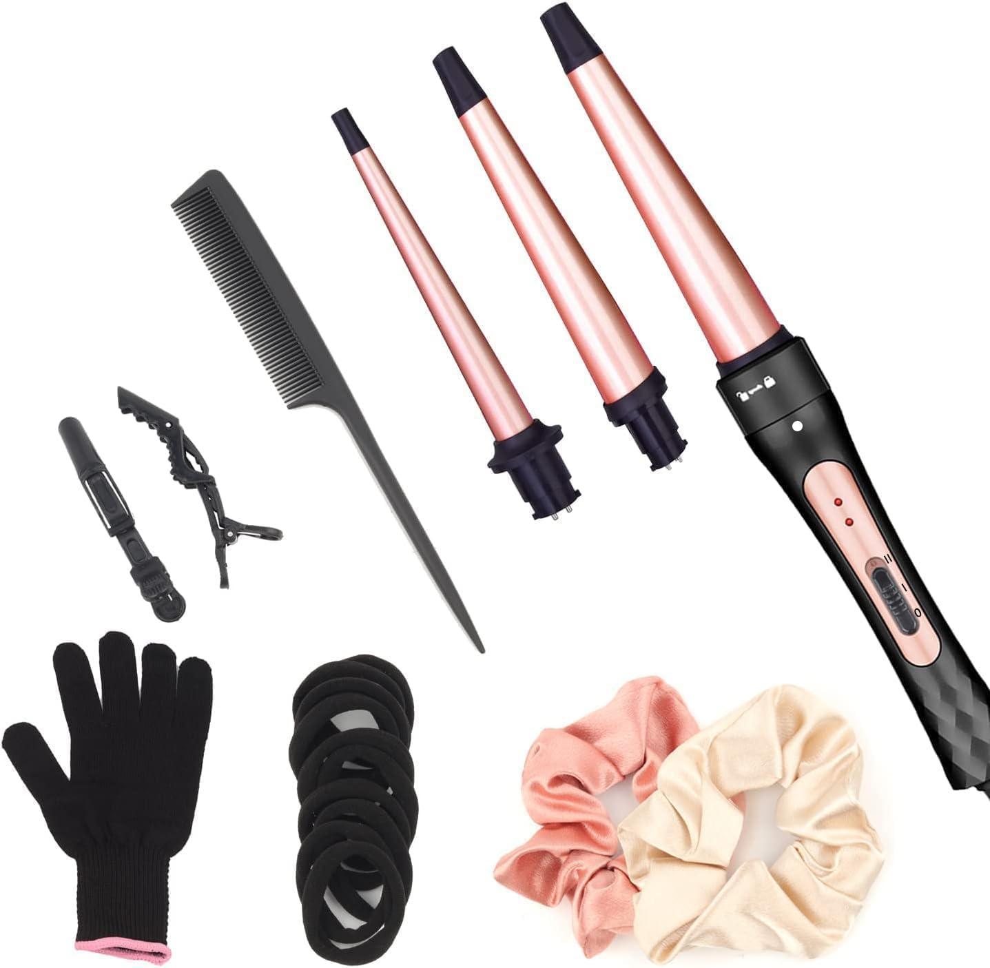 JAETON Curling Iron Wand Set, Curling Wand 3 in 1 Hair Curling Wands Interchangeable Ceramic 0.35-1.25inch Barrel Hair Curler, with Heat Resistant Glove