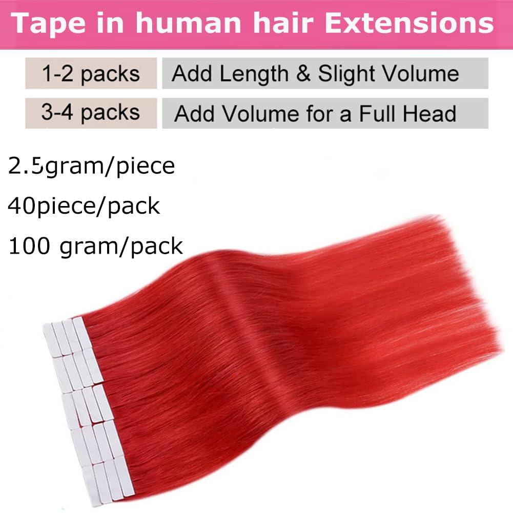 Kiss darling LASHES Tape In Remy Human Hair Extension Red Tape In Hair Extension 28inch Straight Seamless PU Skin Weft Tape Hair Extensions 100g 40pcs/Pack Full Head for Women