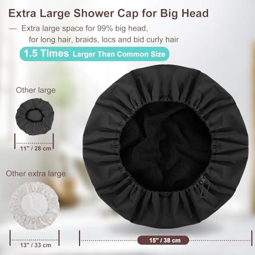 SHEOMERN Sheomern 2 Pcs 15\" XL Extra Large Terry Lined Shower Cap, Adjustable Dual Waterproof Shower Cap for Women Reusable Soft Hair Cap Bath Cap for Long Braids, Thick Hair, Locs, Curly Hair