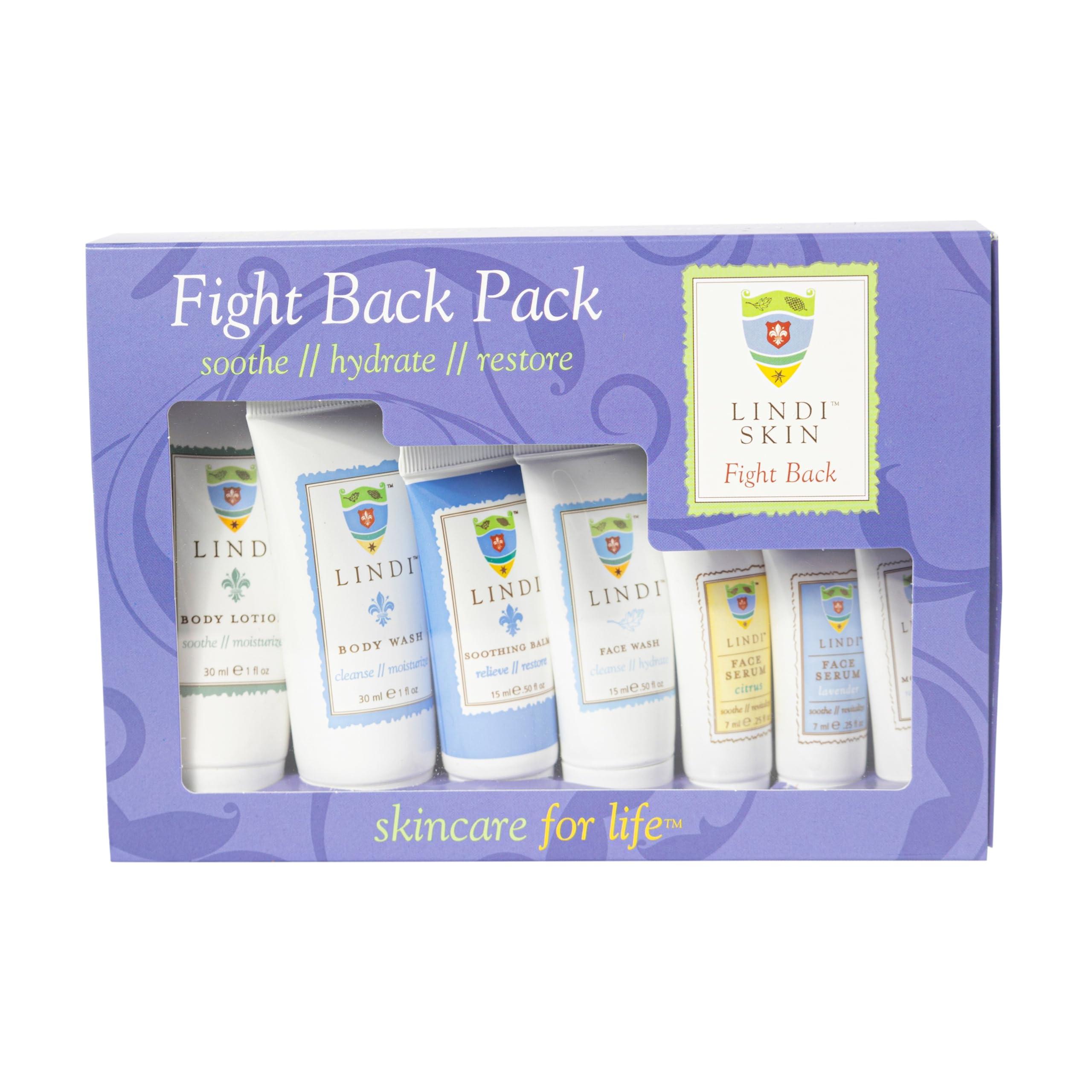 Lindi Skin LINDI SKIN Fight Back Pack - Starter Kit That Includes Body Lotion, Body Wash, Face Serum, Face Moisturizer, Soothing Balm, and Face Wash for Chemo Rash, Radiation Burn & Other Cancer Side-Effects