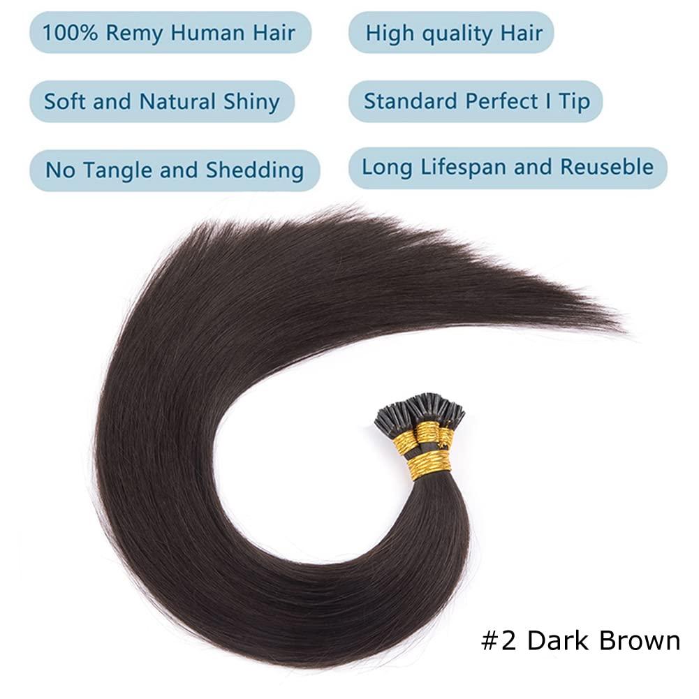 Kiss darling LASHES I Tip Hair Extensions Human Hair Pre Bonded Keratin Cold Fusion Itip Real Remy Human Hair Extension for Women Microlink Hair Extensions 100S 100g Dark Brown #2 14\"