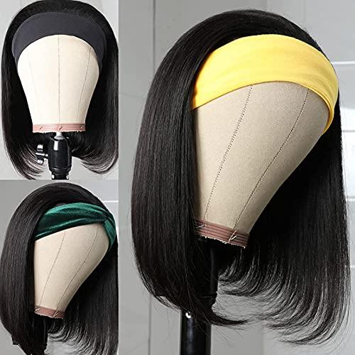 Ubetta Human Hair Headband Bob Wig Natural Black Short Bob Headband Wig for Black Women, Straight Human Hair Bob Wig with Headband Attached Headband Wig 180% Density 10 Inch Glueless None Lace Front Bob Wig
