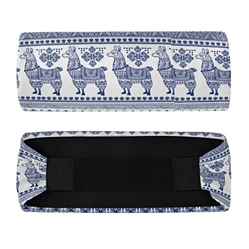 Poeticcity Blue Alpaca Llama Animal with Ethnic Tribal Ornaments Women's Headband, Stretchy Sweatband Breathable Head Wraps Sweat Wicking Elastic Hair Bands Head Scarf for Sports Yoga