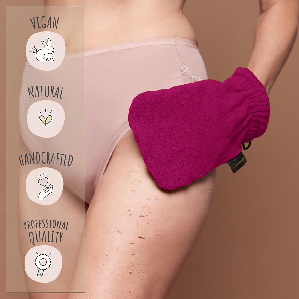 LE GANT RENAISSANCE Renaissance Glove a body Exfoliating Mitt with face scrubbing accessory by Daniele Henkel – Vegan more effective & resistant than a loofah, brush or scrub sponge bath -100% natural (Royal Magenta)
