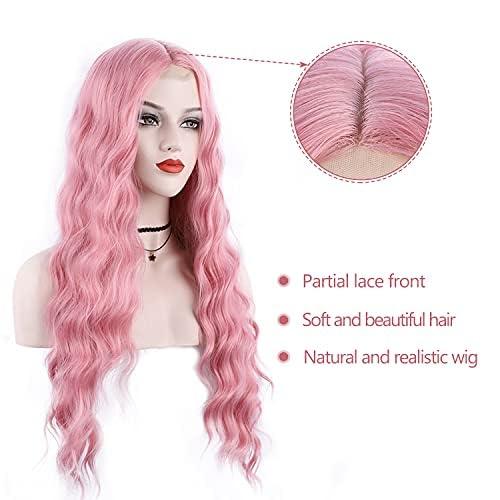 Igrina Igrina Pink Wig for Women Deep Wave 29 Inches Long Wavy Ginger Wig Water Wave Middle Part Curly Synthetic Lace Wig For Cosplay Daily Use(Pink)
