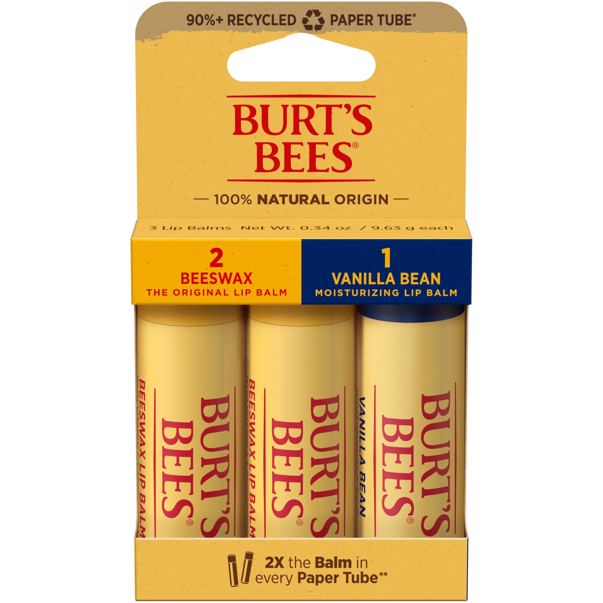 Burt's Bees Burt's Bees Moisturizing Lip Balm, 2 Original Beeswax and 1 Vanilla Bean, 100% Natural Origin, 0.34 Ounce Each, 3 Paper Tubes, Pack May Vary