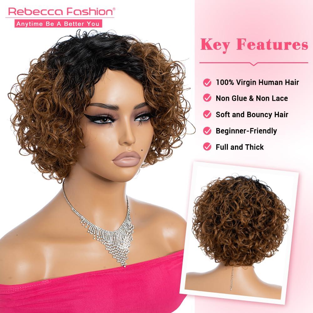 Rebecca Fashion Short Curly Human Hair Wigs for Black Women Cute Curly Bob Wig Side Part Non Lace Glueless Wigs Brazilian Remy Natural Looking Ombre Natural Color to Honey Brown