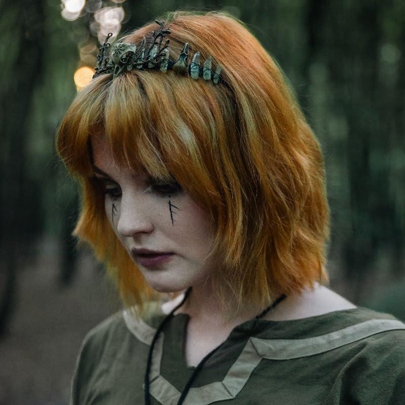 CoTeeZa CoTeeZa Green Fairy Crystal Crown - Handmade Raw Quartz Tiara with Bronze Crow Branch Moon Elf Headpiece Fantasy Forest Witch Crown Wedding Renaissance Halloween Cosplay Woodland Headband