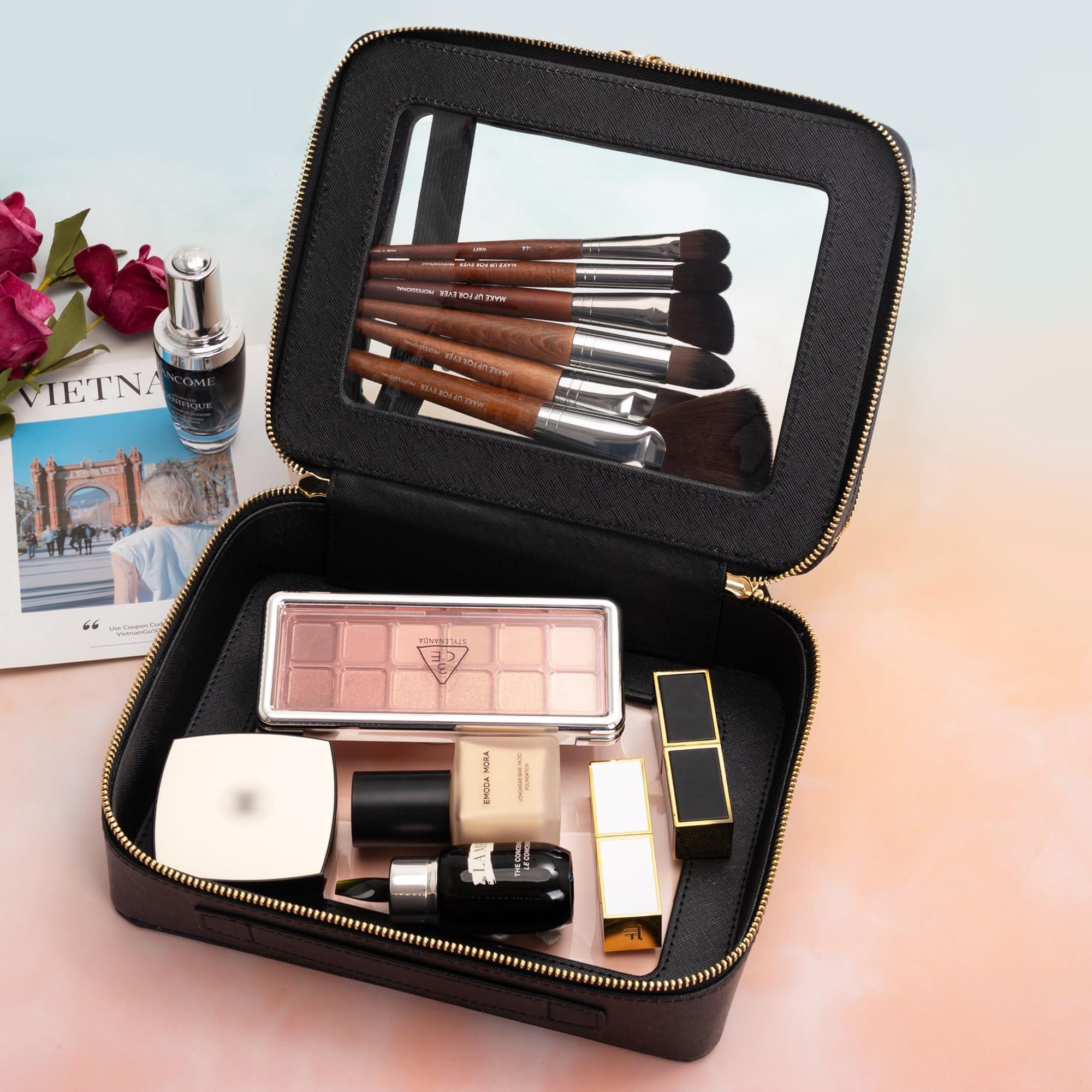 Aveniee Aveniee Clear Makeup Bags, Double Layer Cosmetic Bags with a Separate Brush Compartment, Travel Toiletry Bag Train Case for Women, Travel Accessories Organizer for Purse(2 Layers Large, Black)