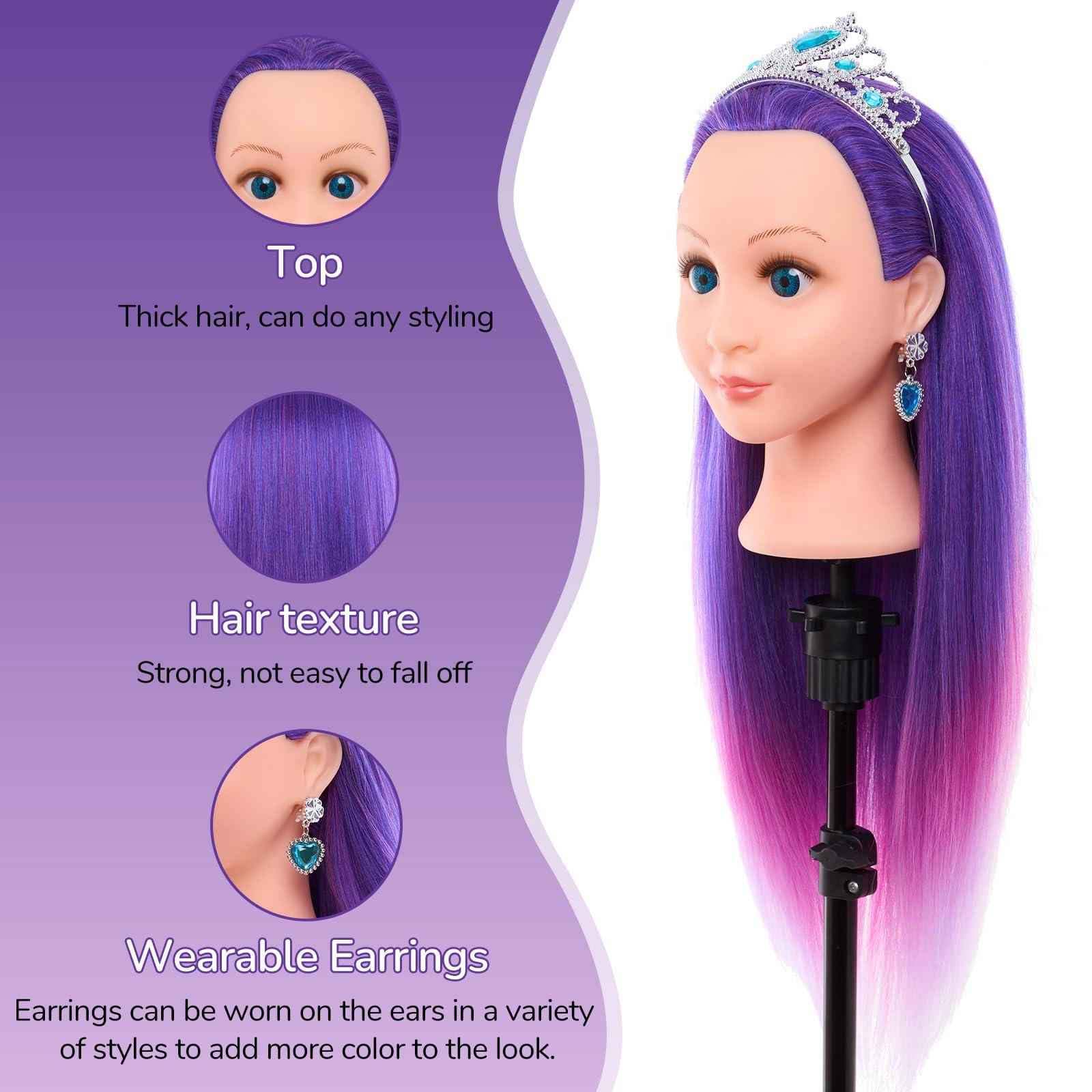 BettySmile 24Inch Doll Head for Hair Styling,Doll Mannequin Head with Hair Purple,Doll Styling Head For Braiding with Hair Styling Set,Table Clamp