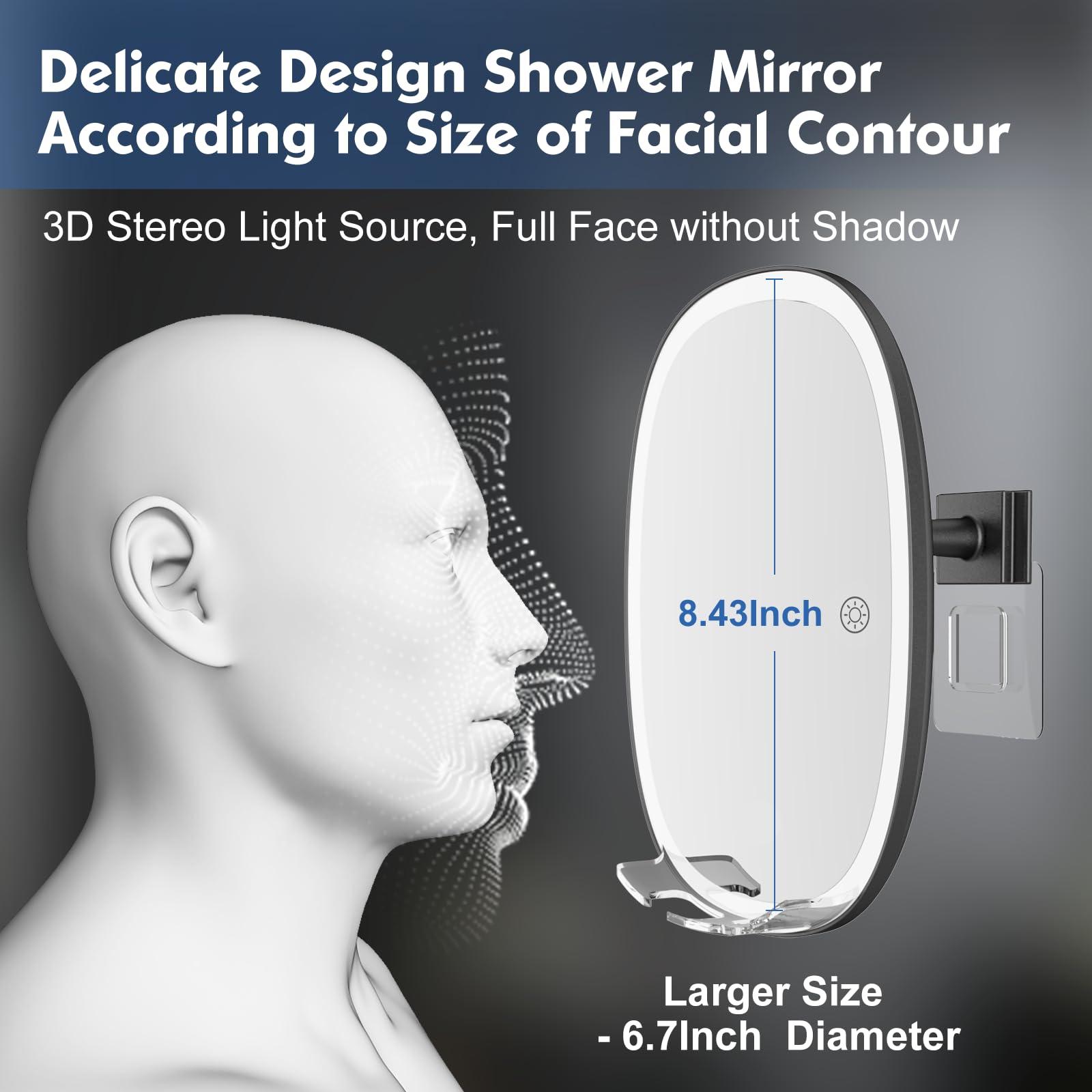 COSMIRROR COSMIRROR Shower Mirror Fogless for Shaving with Razor Holders, No-Drilling, 3-Color Dimmable Lights Larger Anti-Fog Shower Mirror with Light Shatterproof & Waterproof for Men and Women
