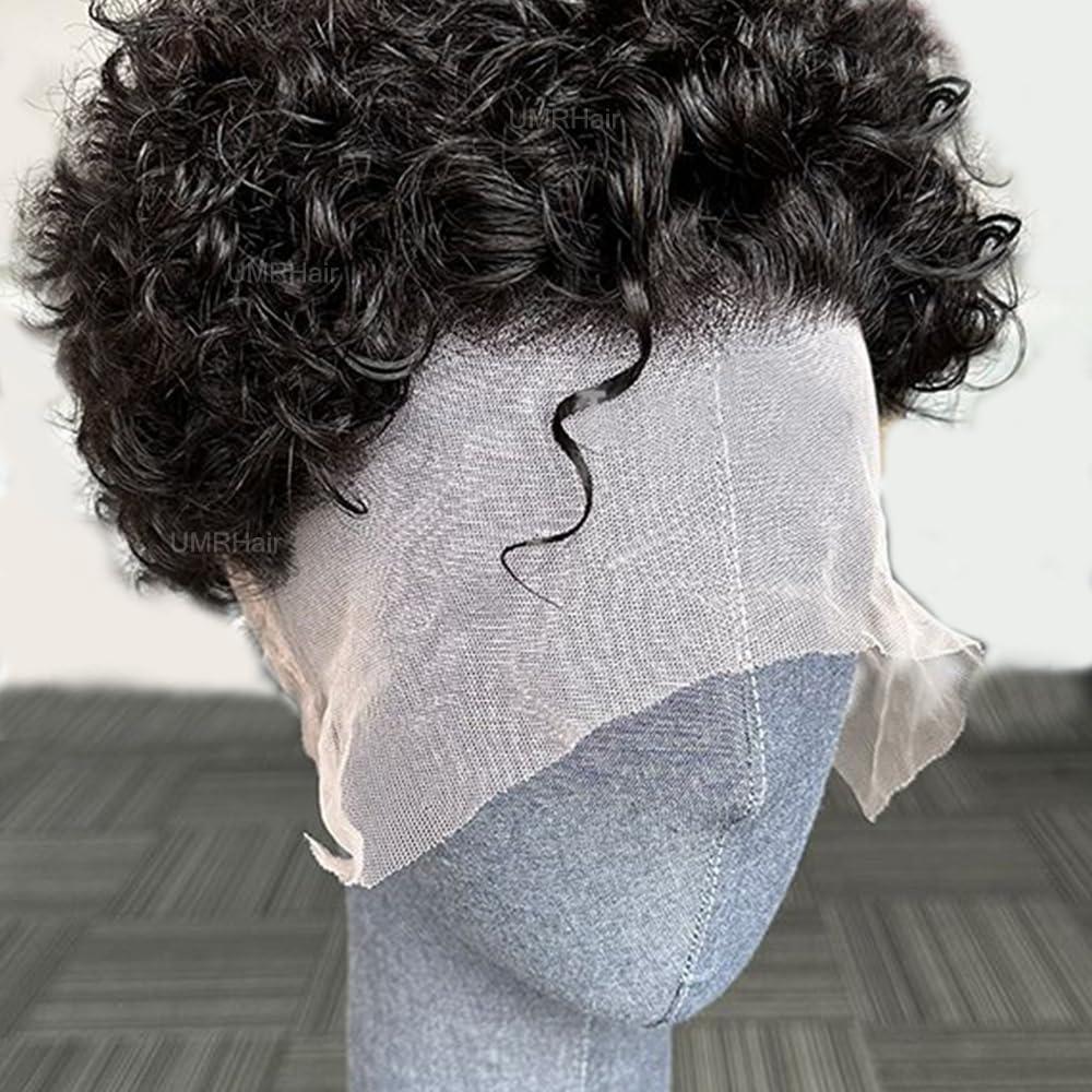 UMRHair Short Pixie Cut Curly 13X6 Deep Part Lace Front Wig for Men Human Hair Natural Black Kinky Curly Men Wigs Human Hair Preplucked Glueless Wig 8inch 130Density