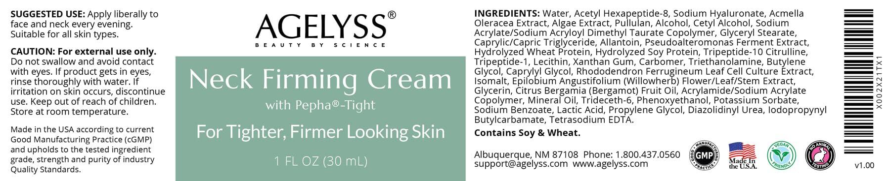 Agelyss Agelyss Neck Firming Cream - With Pepha-Tight and Gatuline Expression - Paraben-Free, Cruelty-Free, Vegan - 1 FL OZ