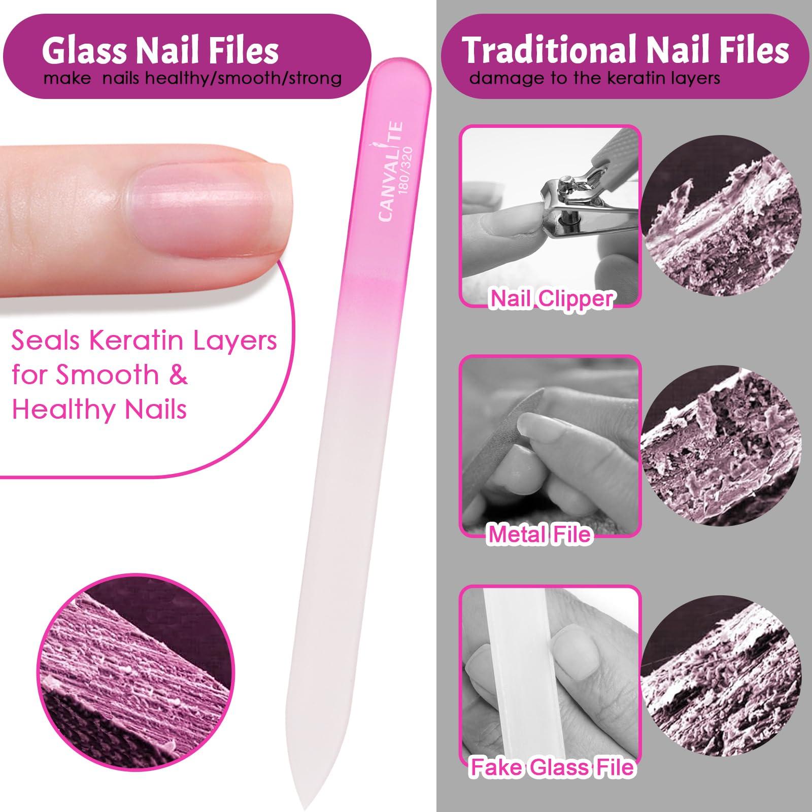 CANVALITE CANVALITE Glass Nail Files for Natural Nails Glass Fingernail File with Case Double Sided 180/320 Grit Stocking Stuffers for Women Girls, Pink