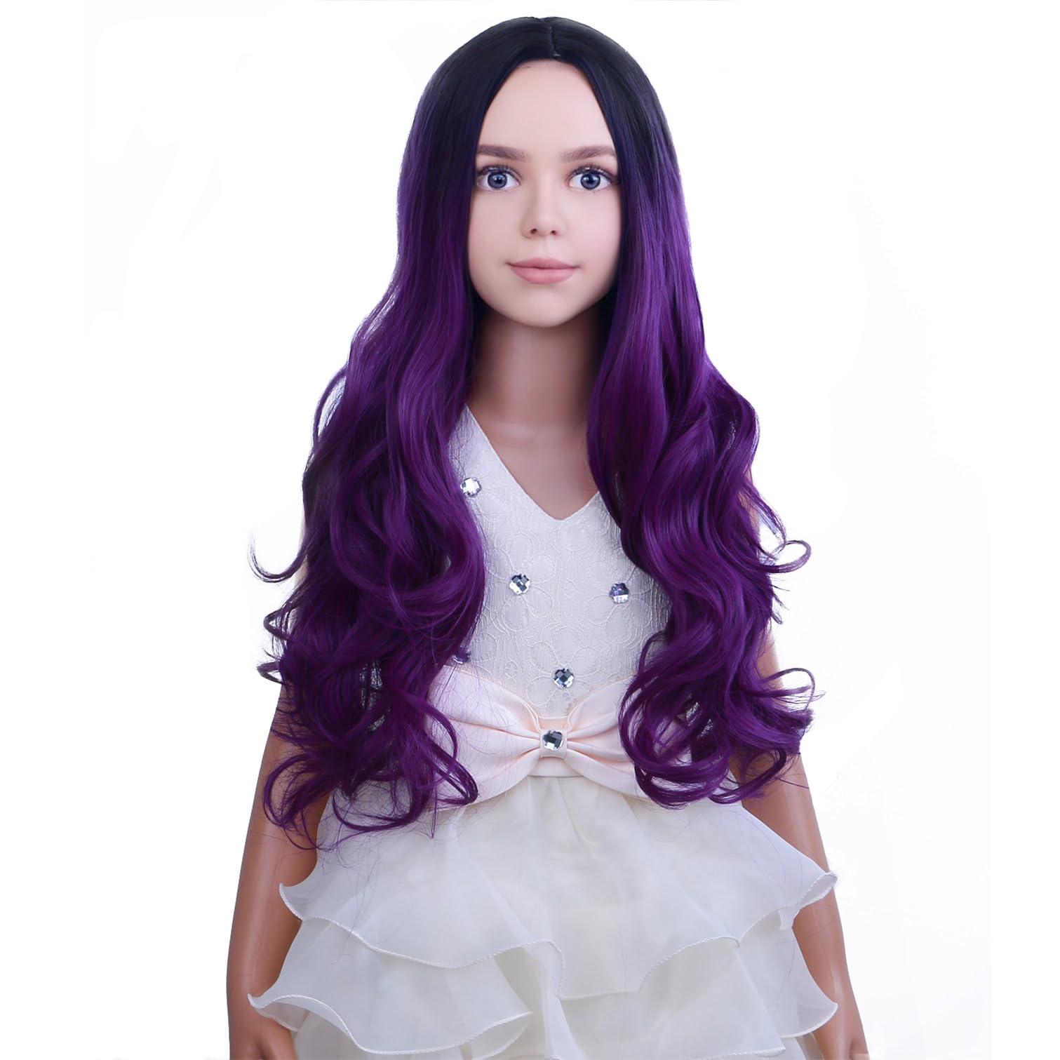 PATTNIUM PATTNIUM Dark Purple Wig Kids Child Wig Long Curly Wavy Wig Ombre Purple Wig Middle Part Girls Wig Black to Purple Wigs Heat Resistant Synthetic Hair Wig with Wig Cap