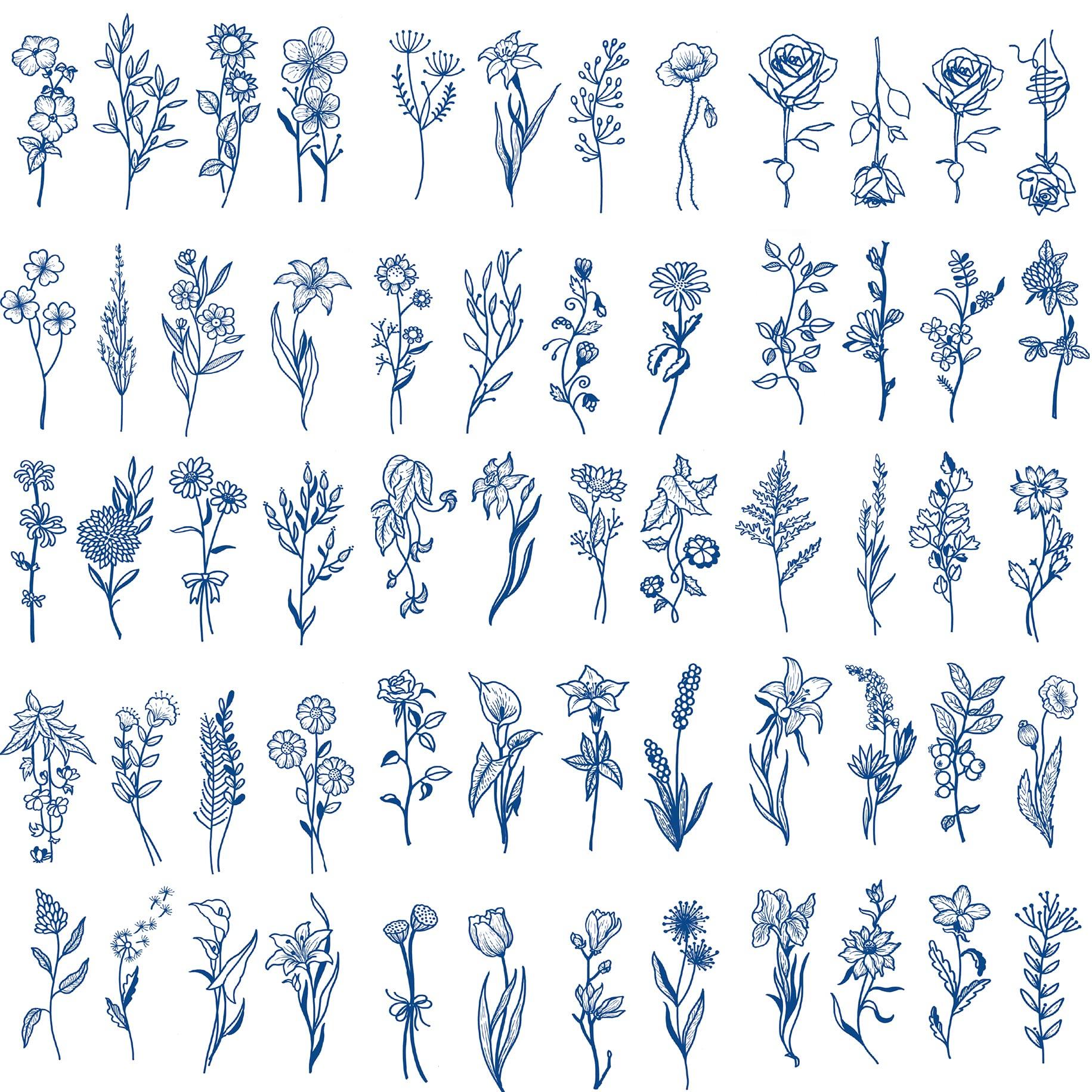 LEOARS Tiny Branch Blue Flower Temporary Tattoos,15-Sheet Floral Bouquet Small Tattoo Wild Plant Lavender Sweet Pea Larkspur Semi-permanent Tattoos For Women Girl
