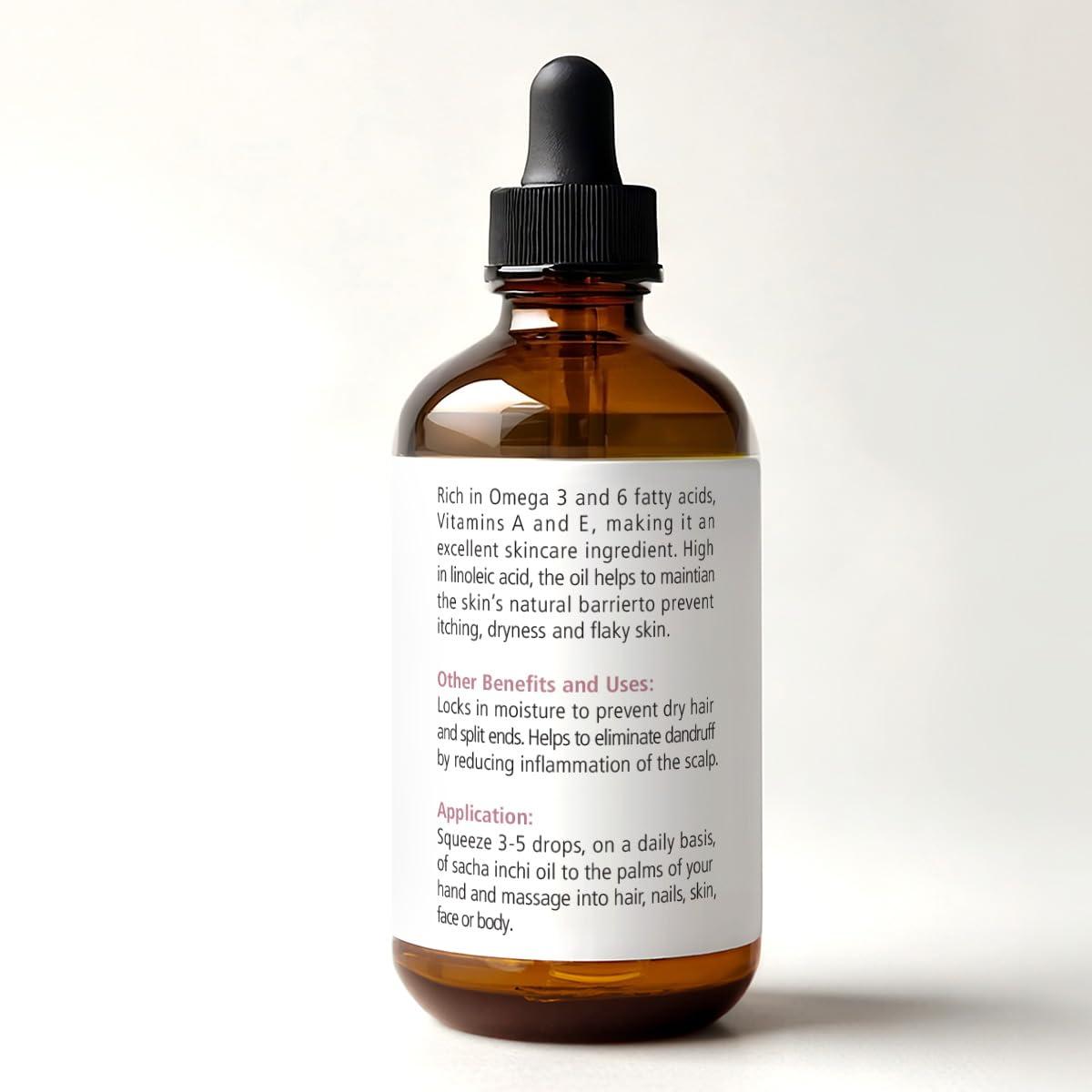 Renewalize Organic SACHA INCHI SEED OIL | 100% Pure All Natural Cold Pressed | Large 4 oz Glass Bottle | Locks in Moisture For Face Body and Hair