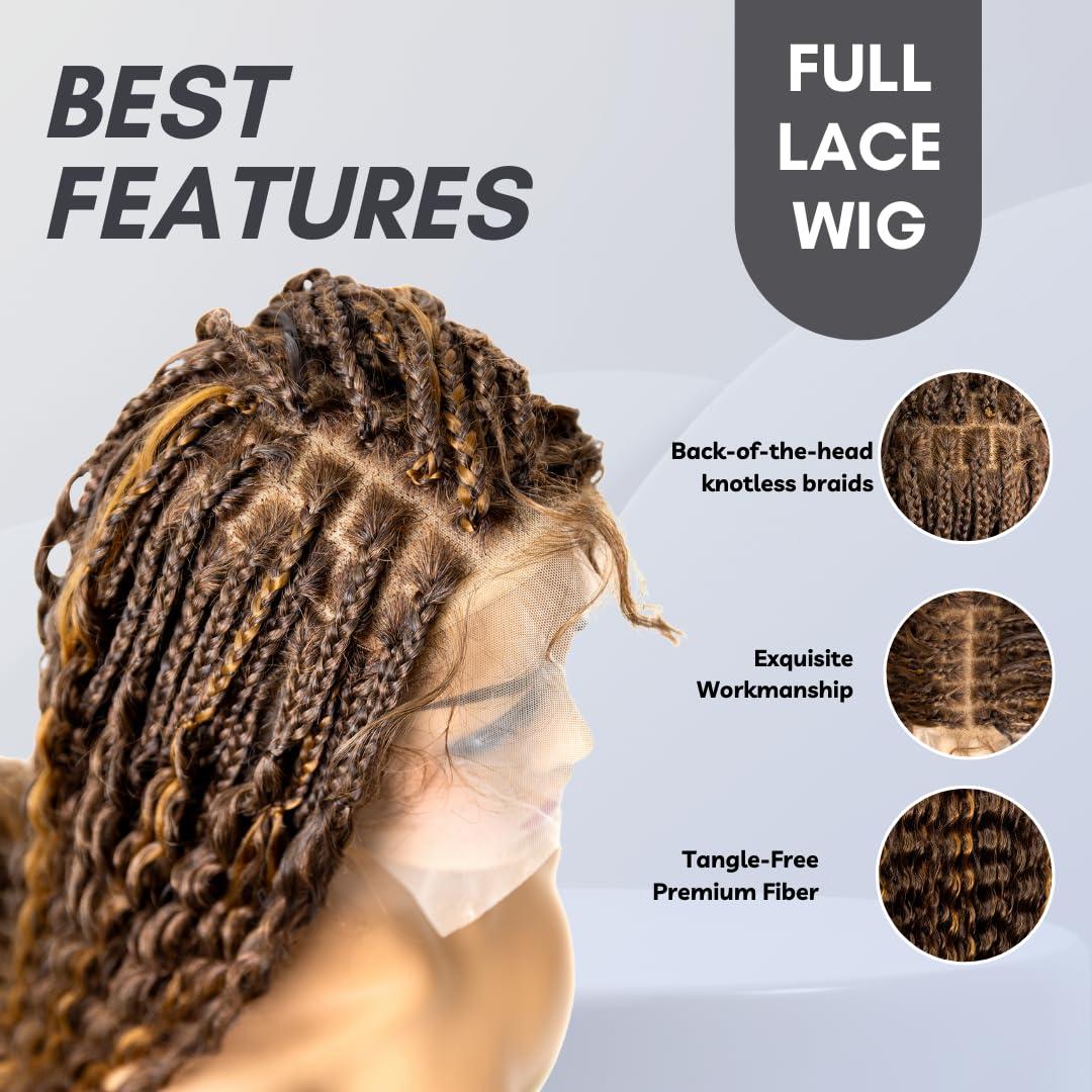 PiB PASSION IS BEAUTY PIB 24 Inch Single Full Lace Braid Wig - Micro Box Braided Wig with Peruvian Deep Wave - Knotless Braids for Black Women - Boho Style Curly Hair Wig (#T42730 Highlight Mix)