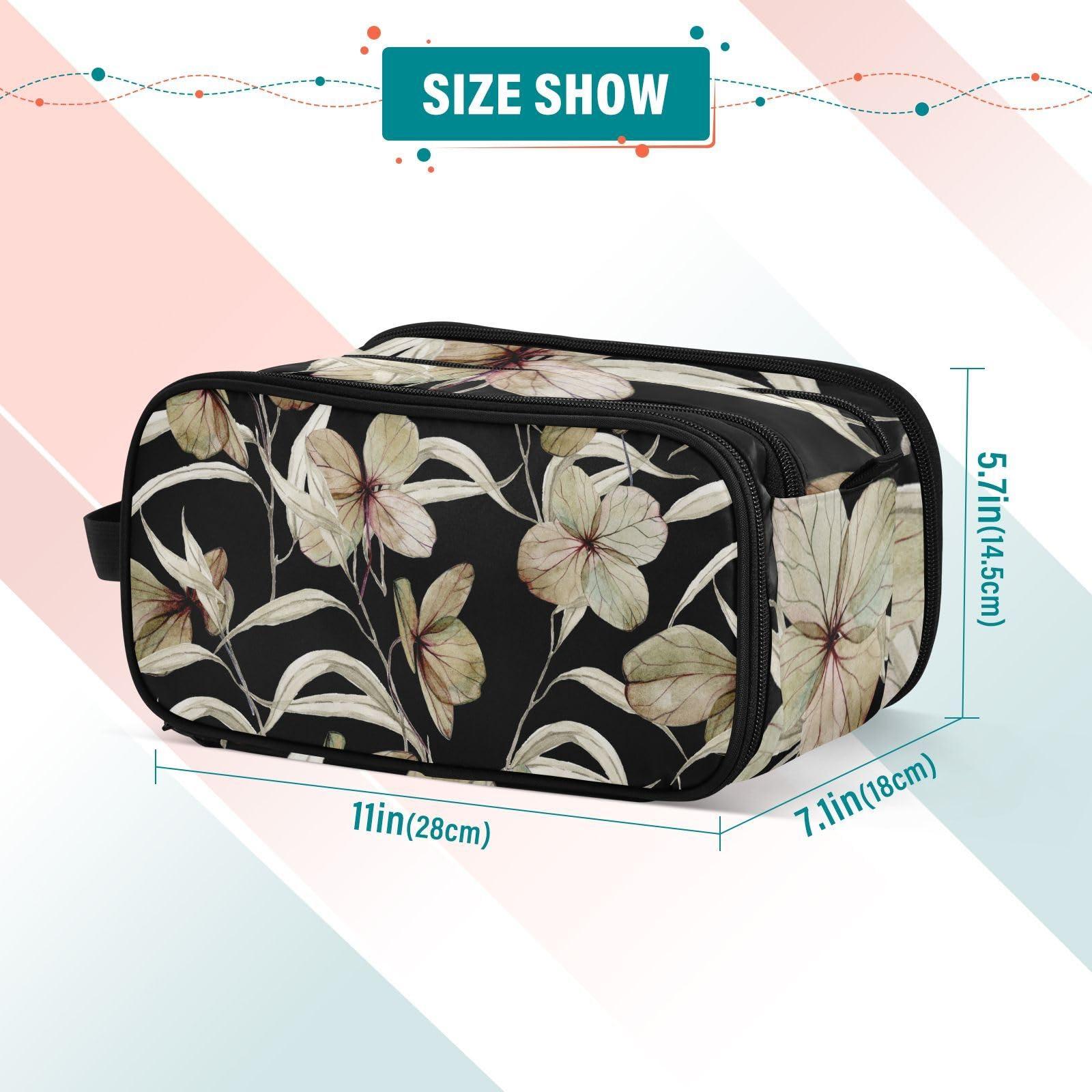 DALAWU Large Capacity Travel Cosmetic Bag for Women Dry Leaves and Hydrangea Flowers Travel Portable Cosmetic Pouch With Handle and Divider Flat Lay Bag Organizer Toiletry Bag Makeup Box for Skincare Cosmeti