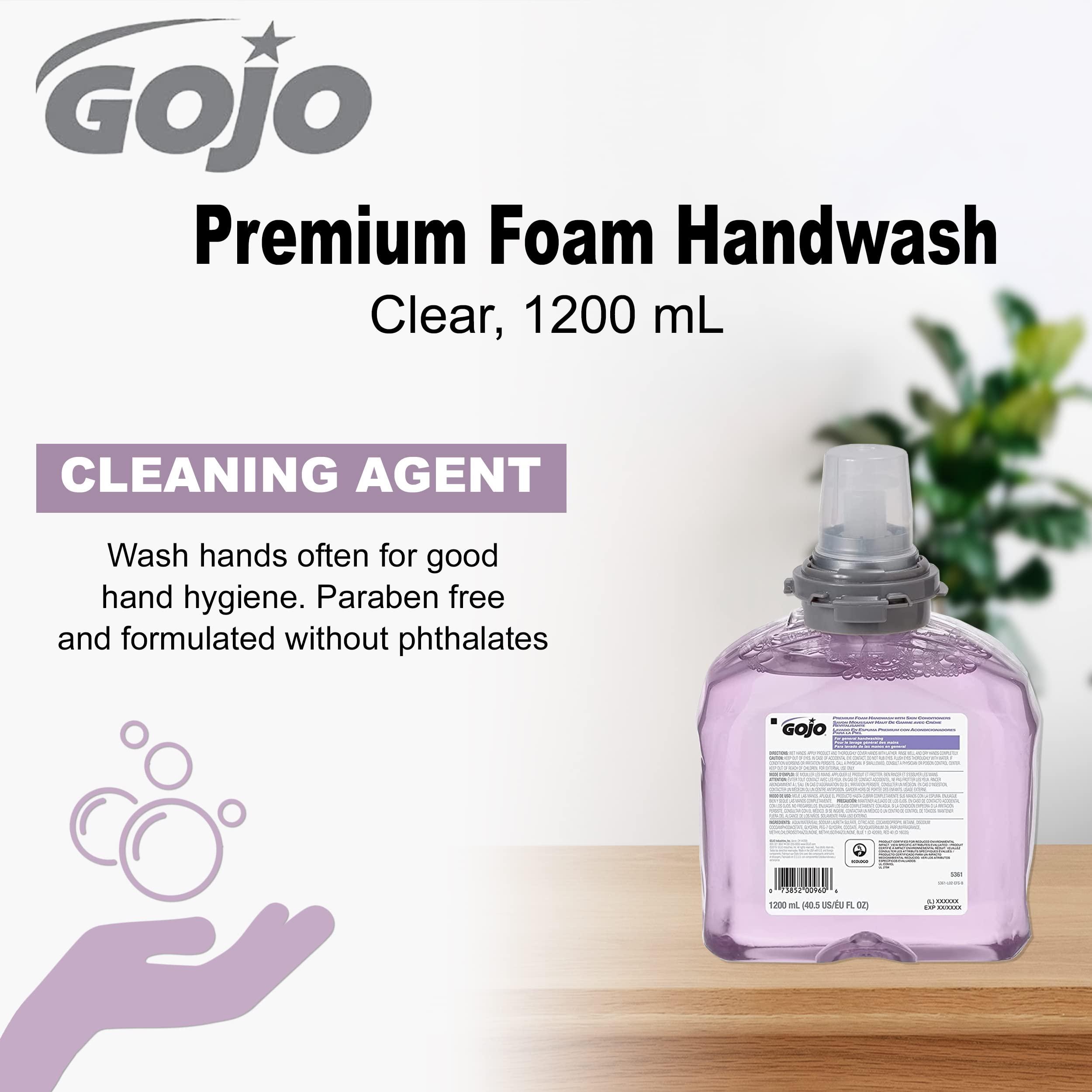 Gojo Gojo Premium Foam Handwash with Skin Conditioners, Cranberry Scent, EcoLogo Certified, 1200 mL Foam Hand Soap Refill TFX Touch-Free Dispenser (Pack of 2) – 5361-02