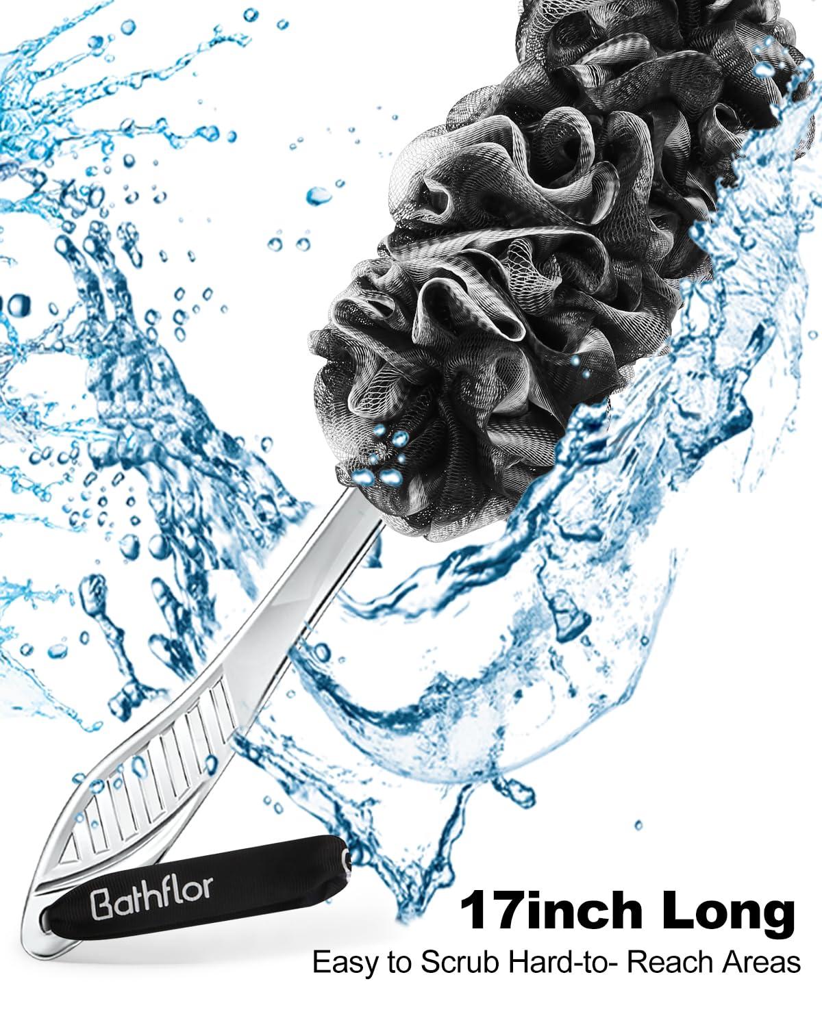 Bathflor Loofah Sponge, 80g Loofahs for Men Women, 5-in-1 Large Shower Loofah Exfoliating Body Scrubber, 2 Bath Sponge Loofa Packs, 2 Loofah with Handle Body Wash Back Scrubber, 1 Luffa Hook, Black