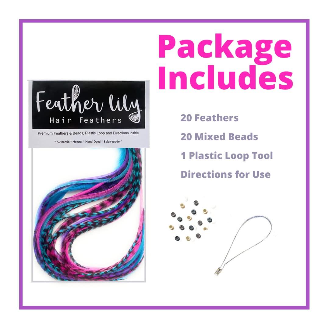 Feather Lily Hair Feathers and Tool Kit, Pink, Purple, Blue and Black & White Striped Feather Extensions with Beads, loop tool and pliers