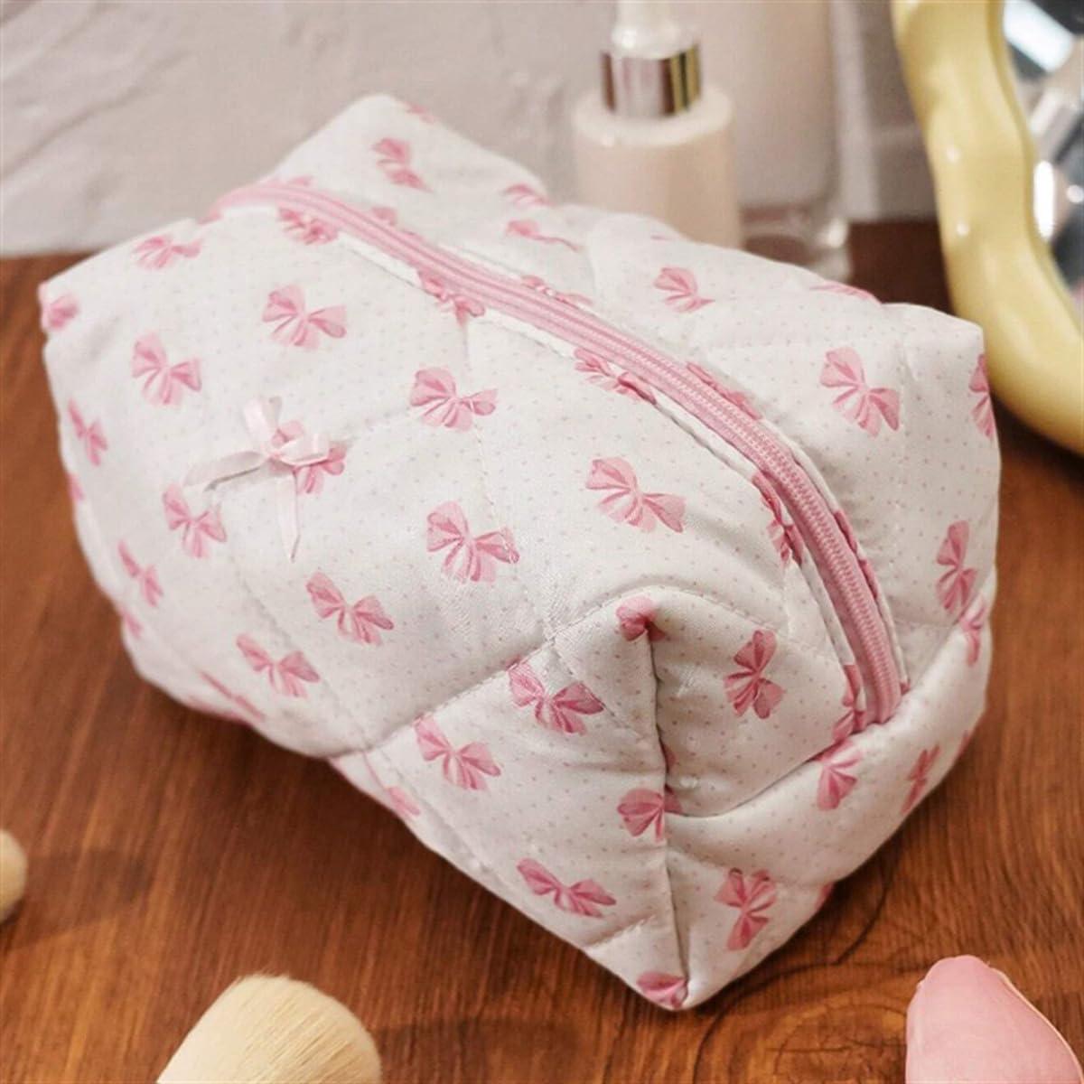 Haojinli Coquette Bow Y2k Makeup Bag, Cute Quilted Make Up Pouch Small Preppy Floral Cosmetic Bag, Toiletry Organizer Bag for women and girl (A)