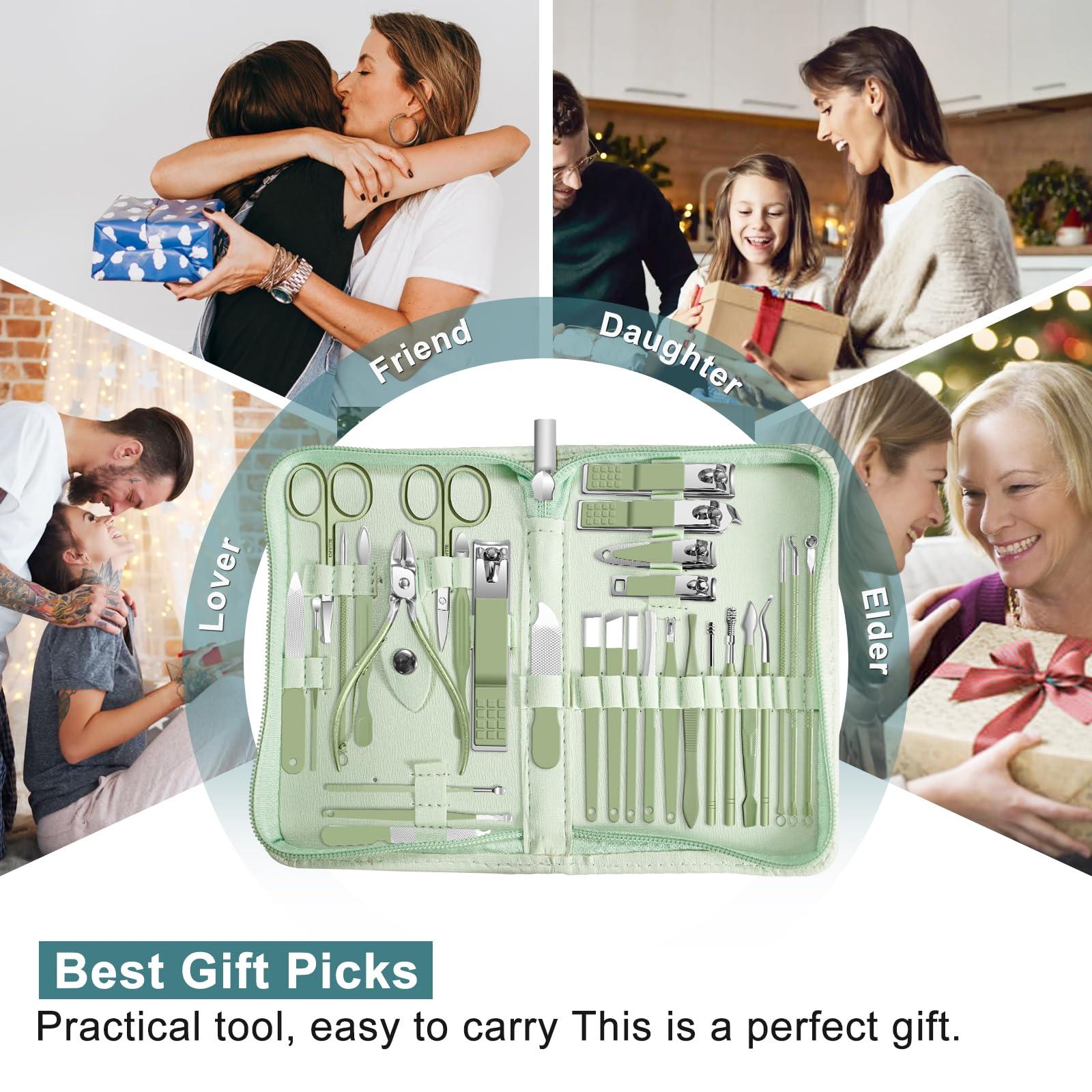 Andrea Manicure kit Personal Care Mens Grooming Kit, 30 in 1 Professional Nails Kit Pedicure Kit, Nail Clippers for Men and Nail Tools Portable Set, with Luxurious Travel Case (Green)