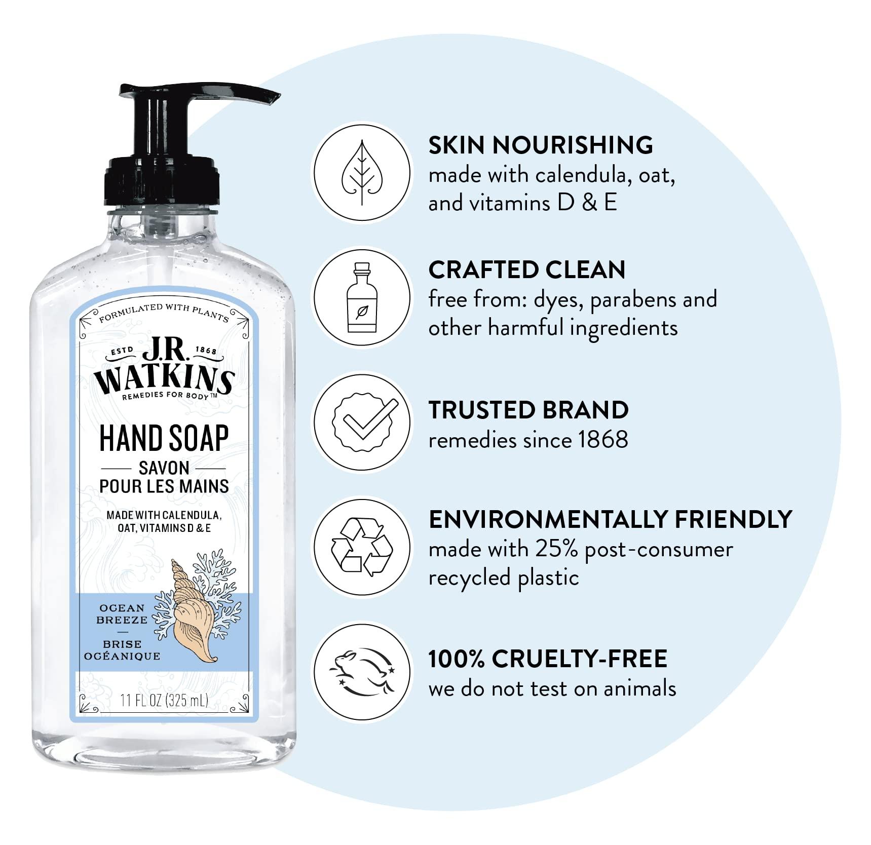J.R. Watkins J.R. Watkins Gel Hand Soap, Scented Liquid Hand Wash for Bathroom or Kitchen, USA Made and Cruelty Free, 11 fl oz, Ocean Breeze, 3 Pack