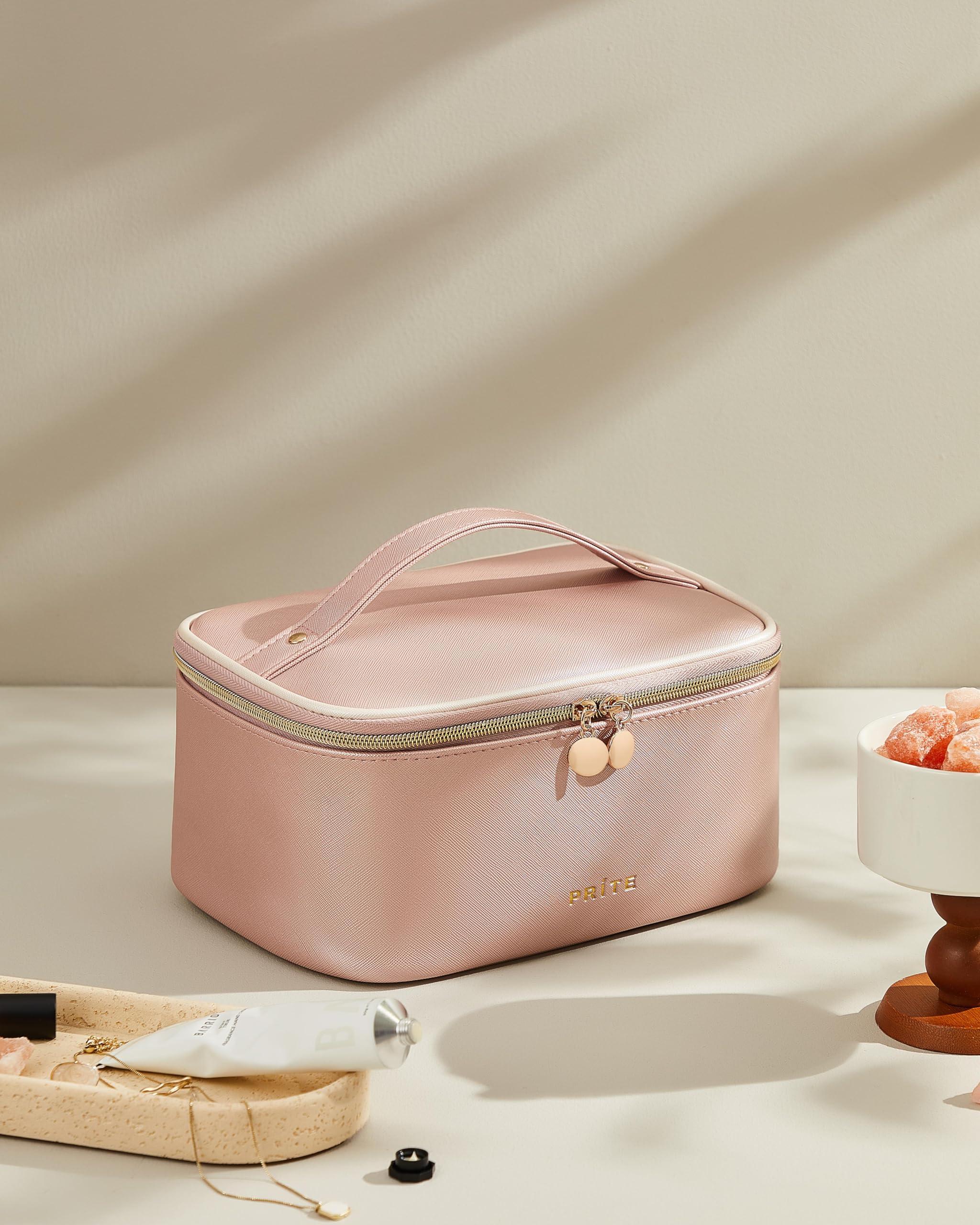 Prite Prite Makeup Bag, Large Capacity Portable Travel Cosmetic Bag, Waterproof Makeup Organizer for Women with Handle and Divider(Pearl Pink)