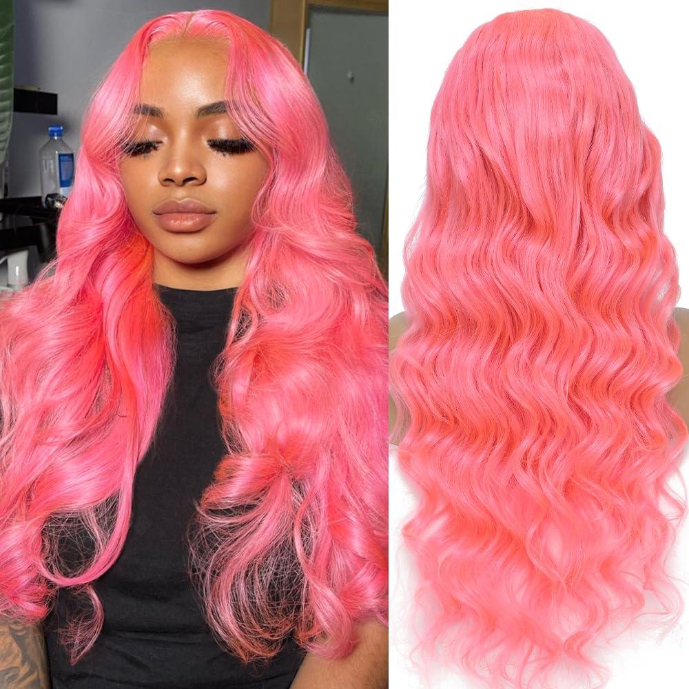 KEGOO KEGOO Pink Lace Front Wig Human Hair 13x4 Pink Human Hair Wig 180% Density Body Wave HD Lace Front Wigs Human Hair Pre Plucked Pink Lace Frontal Colored Wigs Human Hair Pink Wig Human Hair 24 Inch