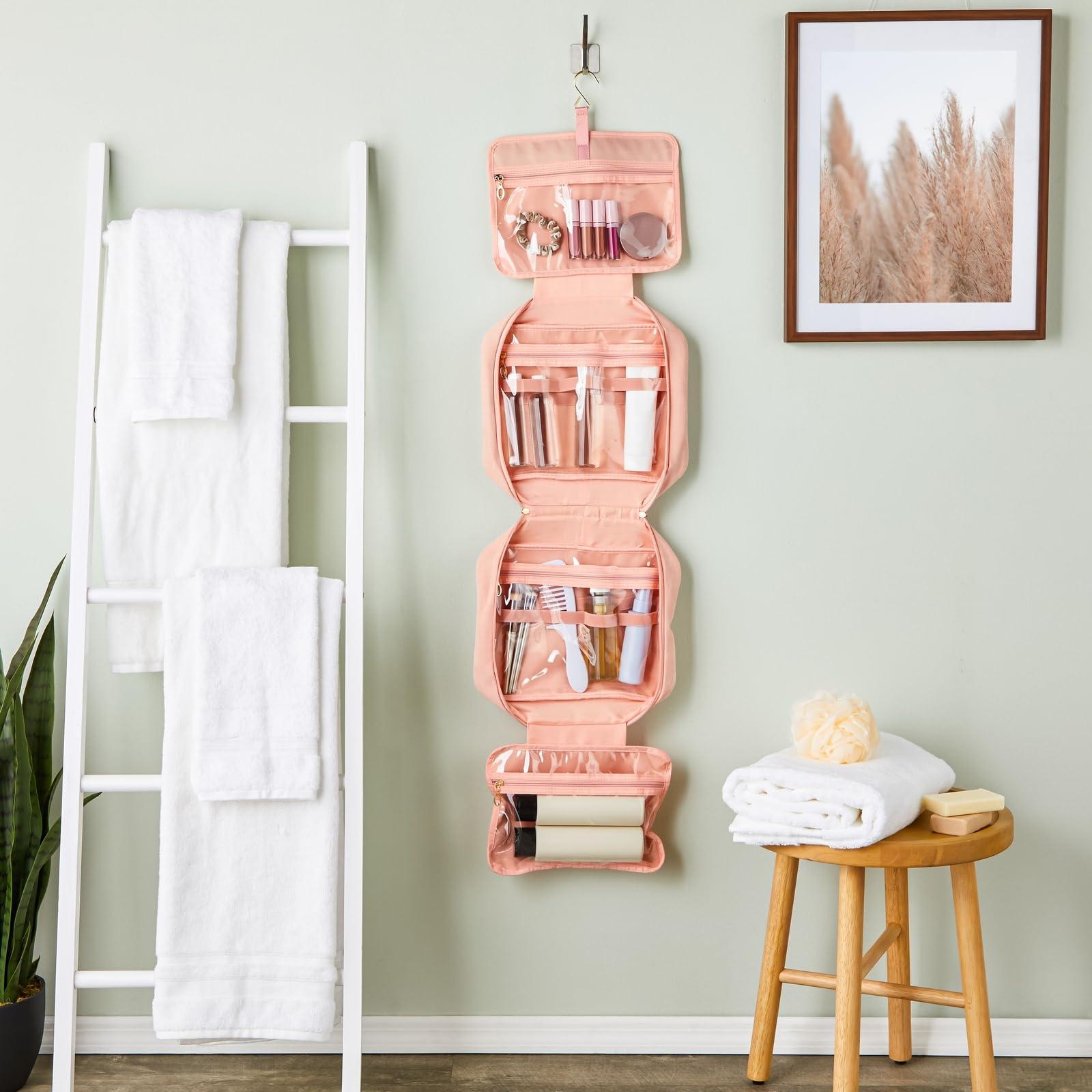 Glamlily Glamlily Large Roll Up Hanging Toiletry Bag For Women, Pastel Pink Makeup Travel Organizer with S Hook for Cosmetics, Hair Accessories, Razors (13x4.5x9.75 In)