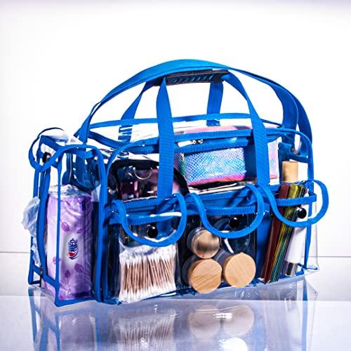 Tense Edano Wide Opening Large Professional Clear PVC Travel Makeup Artist Set Bag Cosmetic Nails Beauty Bag Transparent Vinyl Tool Organizer Work Bag Beach Bag Diaper Bag with 6 External Pockets & Strap (Blue)