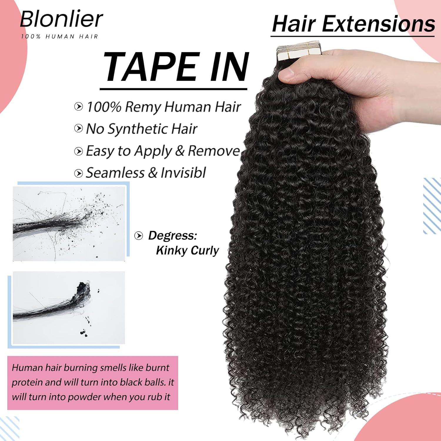 Blonlier 20\" Tape Hair Extensions Human Hair, Kinky Curly Human Hair Tape in Hair Extensions 10A Natural Black 40PCS/100G/Pack Seamless Skin Weft Kinky Culy Hair Extensions Tape ins Hair for Women