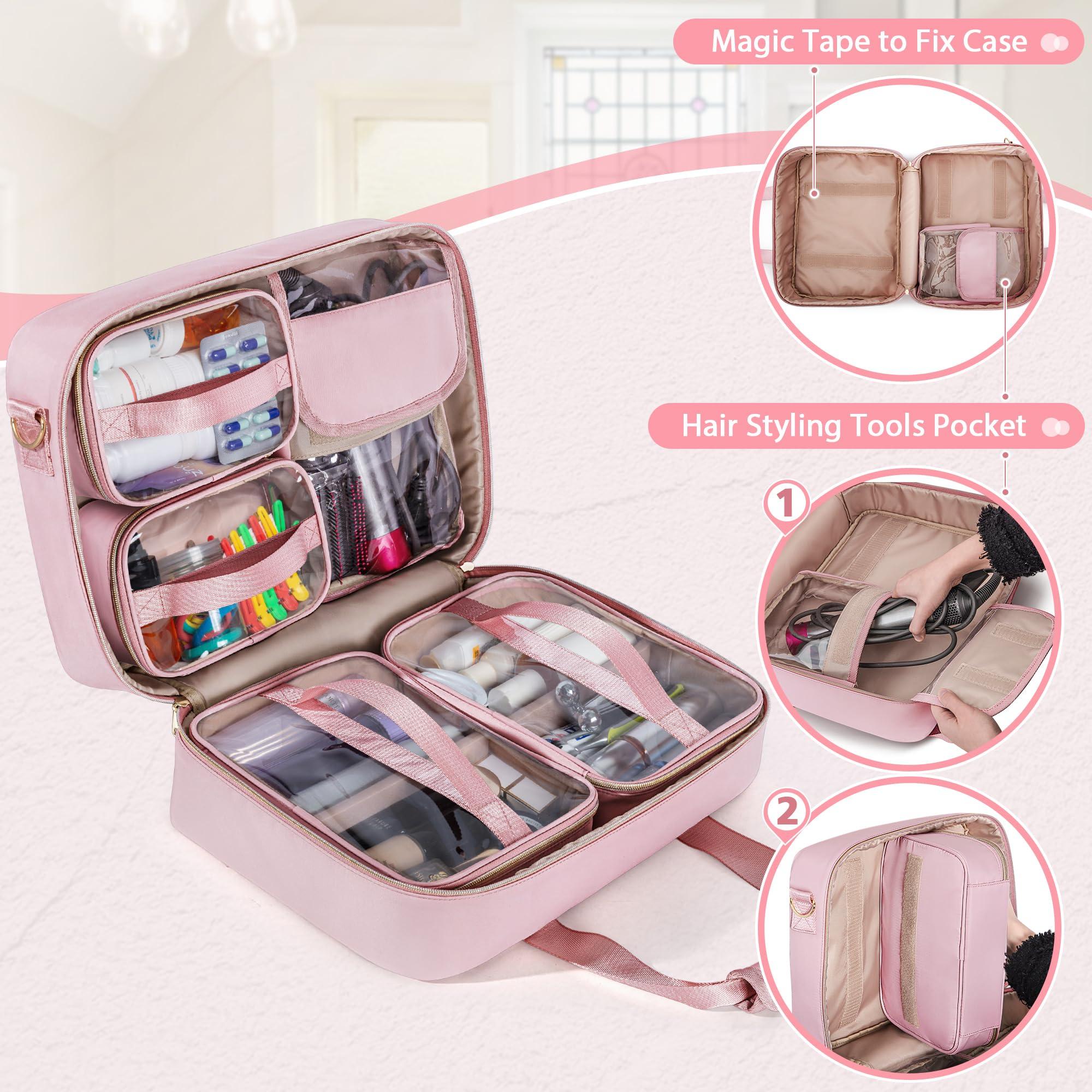 Prokva Prokva Extra Large Toiletry Bag for Women with 4 Individual Cases, Large Travel Makeup Organizer Bag with Hair Tool Pocket and Makeup Brushes Compartment, Pink