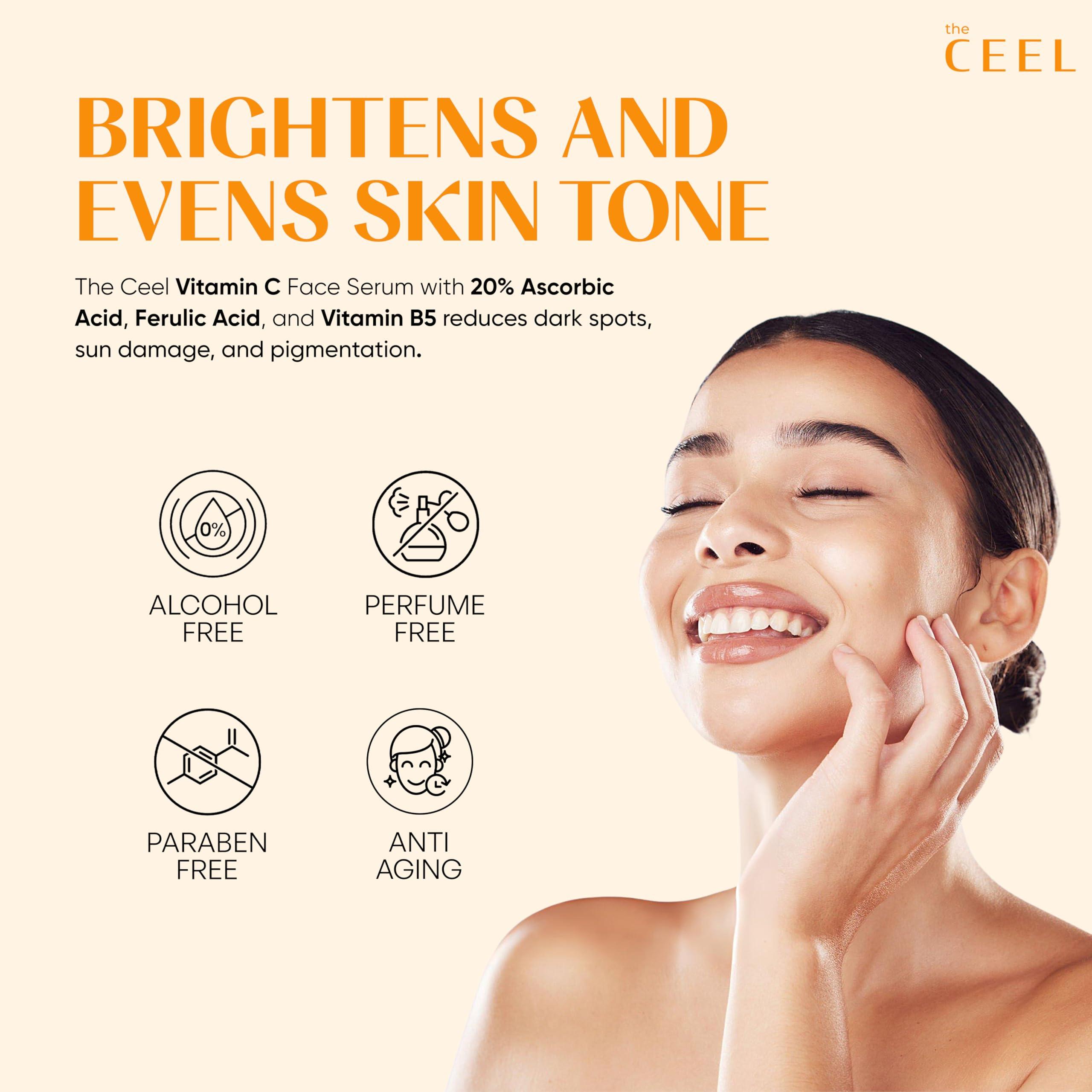 The Ceel The Ceel 20% Vitamin C Brightening Anti-Aging Serum for Face with Ascorbic, Ferulic Acid & Vitamin B5 - Paraben & Perfume Free Skin Care Formula for Hydration, Wrinkles, Dark Spots, & Radiance - 30ml