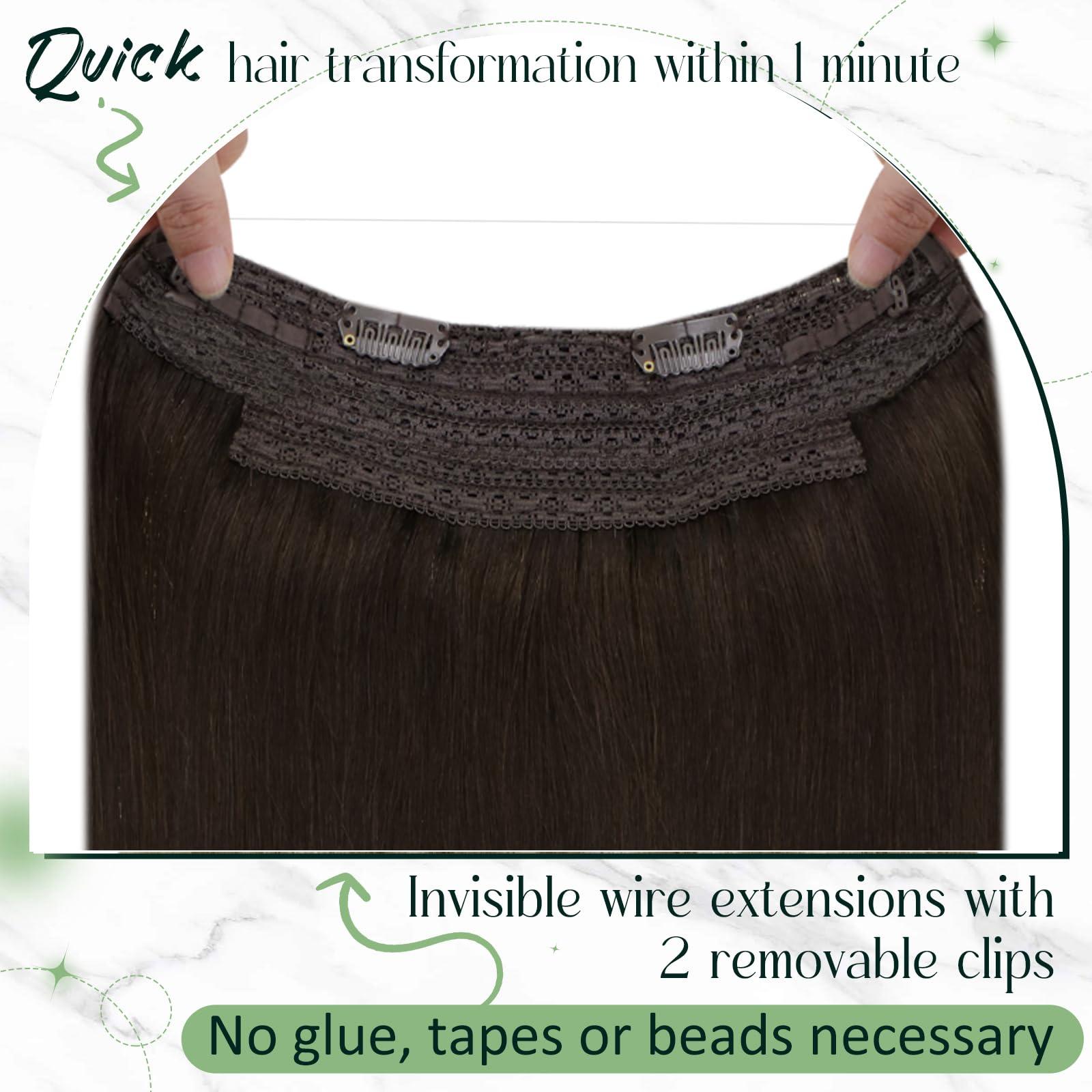RUNATURE RUNATURE Invisible Wire Hair Extensions Real Human Hair Dark Brown Hair Extensions Clip in One Piece Extensions Soft Remy Natural Hair Straight Fish Line Extensions 14 Inch 70g
