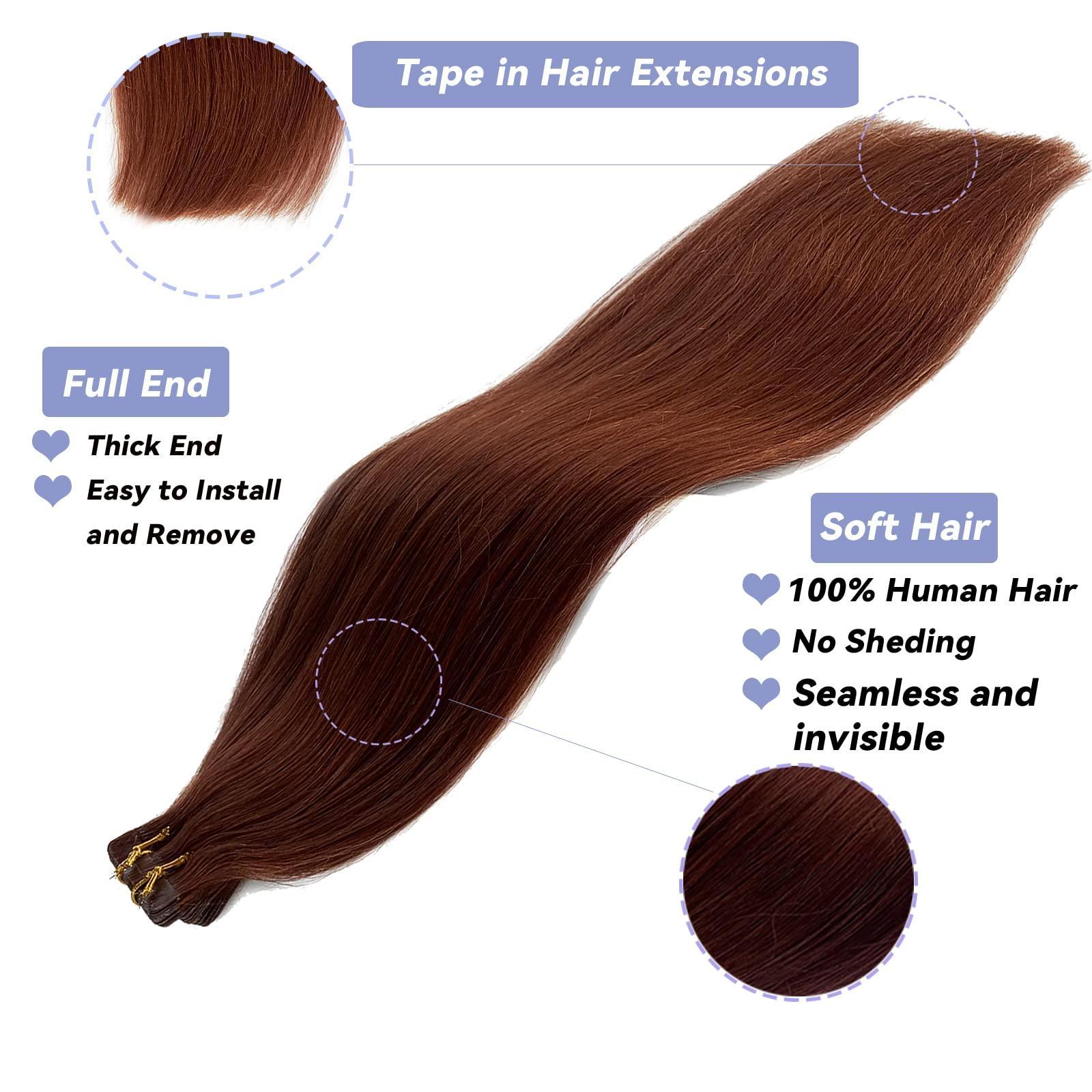 Smavida Dark Auburn Remy Tape in Hair Extensions Premium 100% Human Hair with Invisible Tape Attached Semi Permanent Hair Extensions 24Inch Silk Straight Human Hair Extensions 70grams for Girls/Women