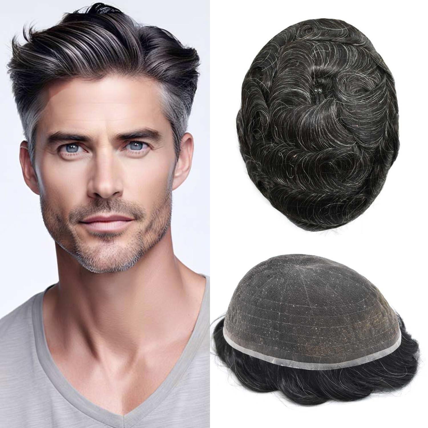 Hair Wonders Toupee For Men Real Human Hair Mens Toupee Hair Replacement System Swiss Lace Hair Piece For Men Hair System6x9\"-100% light to medium density#1B30 1B# OFF BLACK+30% GREY