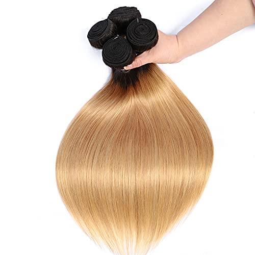 AuokMar 1B/27 Human Hair Bundles Blonde Straight Hunman Hair Bundles 1B27 Color Brazilian Honey Blonde Human hair bundles Ombre Two Tone 3 Bundles Unprocessed Virgin Hair Extensions 16 18 20 Inch