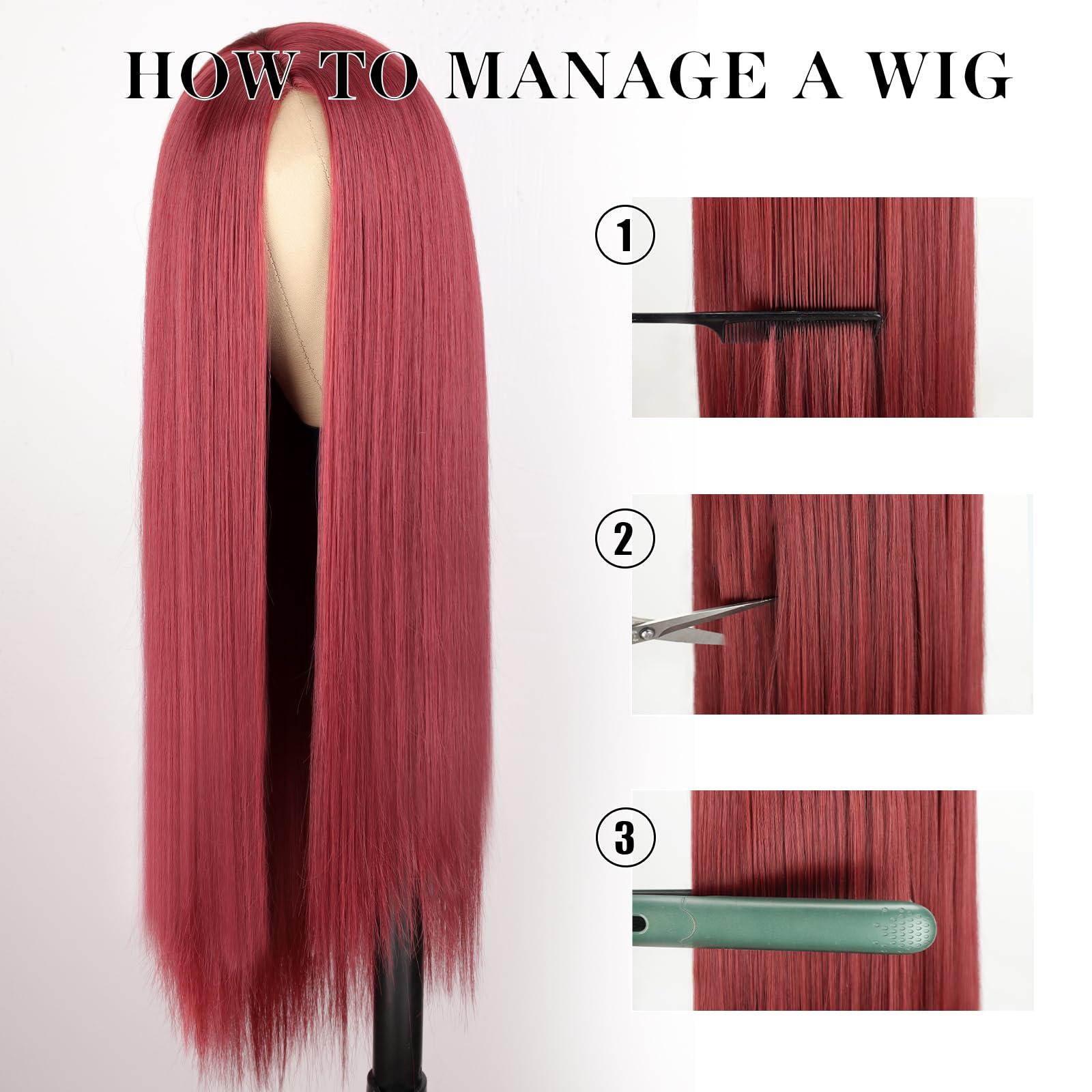 Xinran Xinran Wine Red Wigs For Women Long Straight Red Wig Middle Part Synthetic Wig Nature Looking Wine Red Wig 30 Inches for Cosplay Halloween Party