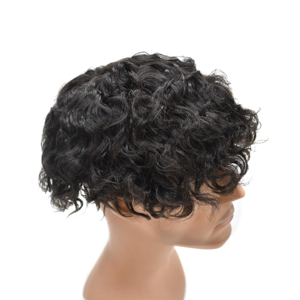JUST HAIR Mens Toupee 25mm Curly Wave Hair Unit for Men Fine Mono Black Hair Replacement System Poly Skin Around Hair Piece (8X10, 1B Off Black-25mm curl)