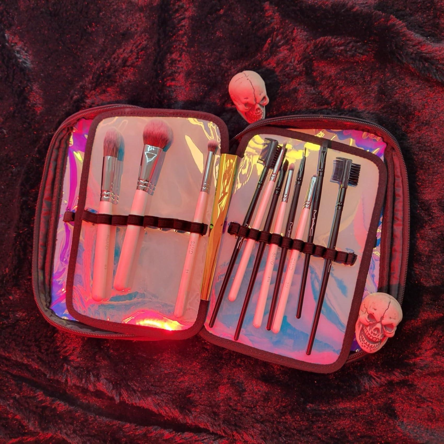 IMPRESSIONS VANITY  COMPANY Impressions Vanity IBIZA Slim Brush Holder Case with 4 Sections, Zippered Cosmetics Bag Organizer for Traveling, Makeup Travel Case for Brushes, Lipgloss, Eyeliner, Mascara (Black)