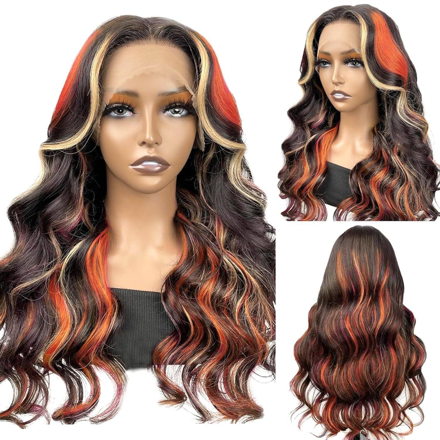 IHEREIN Black Ginger Blonde Highlight Wig Human Hair Lace Front Skunk Stripe Wig 13x4 Glueless Body Wave Lace Frontal Wig Pre Plucked For Women Black Highlights Honey Brown Ginger Wig 22 Inch 150% Density