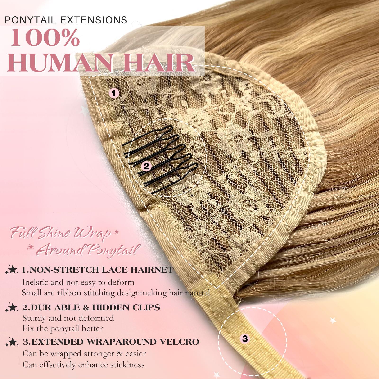 royaomis Royaomis Ponytail Extension Human Hair Extension - Velcro Wrap Around Long Straight Real Hair Pony Tail Extensions with Magic Paste